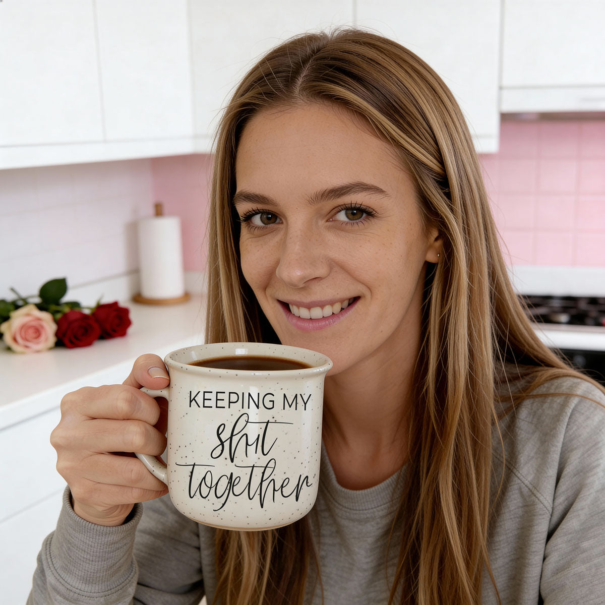 neutral tone farmhouse style funny mug
script font quote mug in woman’s hands
candid adulting humor coffee mug gift
relatable funny mug for everyday chaos
humorous mug for moms with full schedules
coffee bar decor mug with sarcastic saying