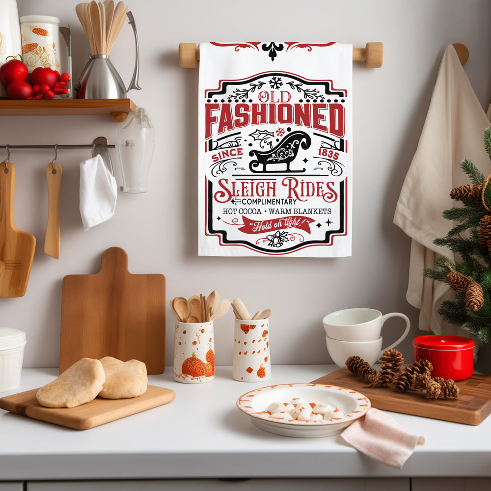 Vintage Christmas kitchen towel design
Nostalgic holiday kitchen towel
Retro Christmas kitchen towel sleigh
Holiday kitchen cloth decor