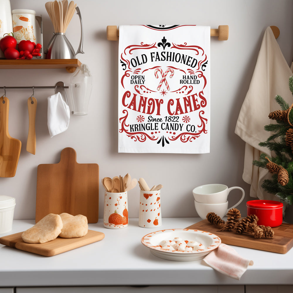 Vintage holiday kitchen towel dual design
Old fashioned sleigh Christmas kitchen towel
Vintage candy canes kitchen towel design
Christmas kitchen towel vintage styling