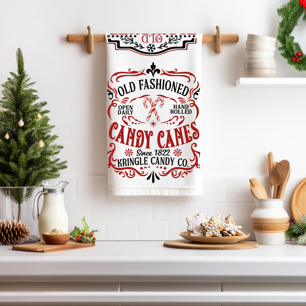 Vintage sleigh rides Christmas kitchen towel
Candy canes Christmas kitchen towel vintage
Old fashioned Christmas kitchen towel design