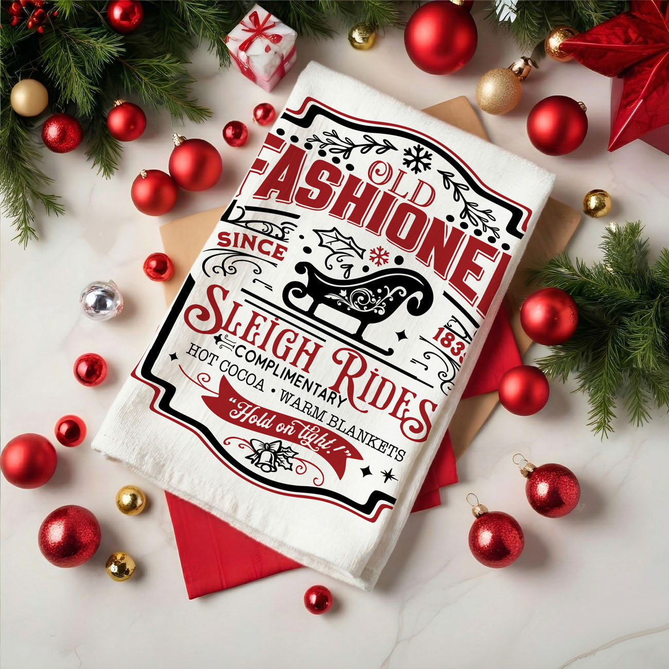rustic christmas kitchen decor towel with vintage sleigh ride theme
classic farmhouse christmas towel candy cane holiday design
vintage style christmas kitchen towel for cozy holiday home decor
holiday kitchen towel with old fashioned christmas typography aesthetic
giftable farmhouse christmas dish towel vintage holiday design
traditional christmas kitchen towel sleigh ride sign decor