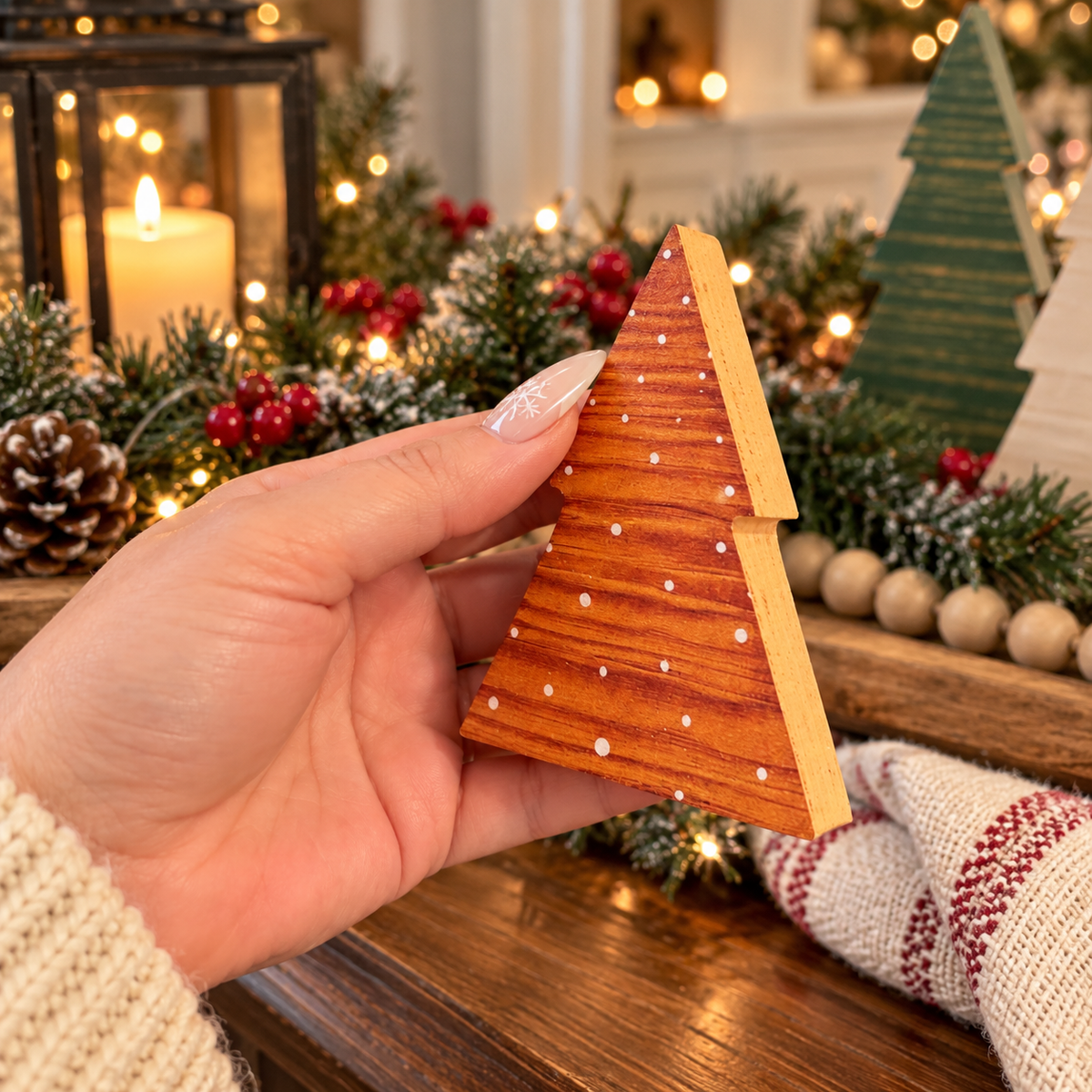 neutral Christmas decor
winter home decor
Wooden Christmas Trees, Farmhouse Holiday Decor Set, Rustic Christmas Tabletop Decorations
green wooden Christmas tree with white snow dot accents
natural wood Christmas tree decoration in farmhouse Christmas setting