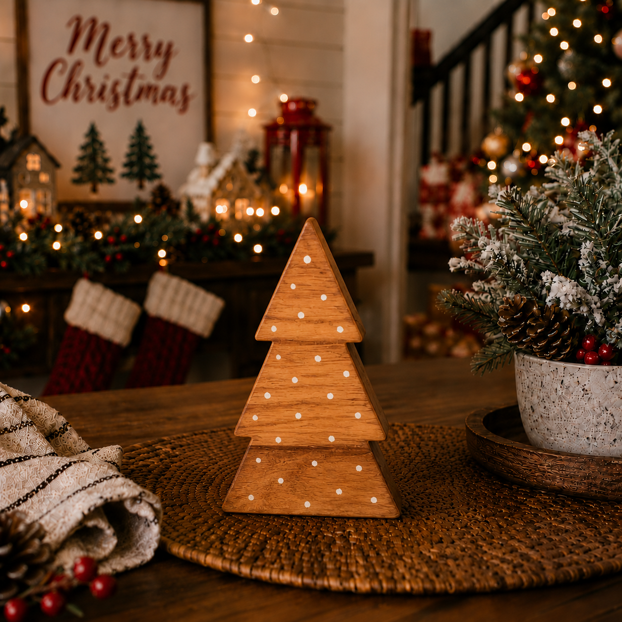Wooden Christmas tree decorations in a cozy holiday living room
Rustic Christmas tabletop décor with three wooden trees
Boxwood Christmas trees displayed in a festive home
Farmhouse Christmas decorations for a mantel or shelf
Wooden tree figurines styled with Christmas greenery and lights
Christmas shelf décor featuring green white and natural wood trees
Rustic wooden Christmas decorations for a cozy home