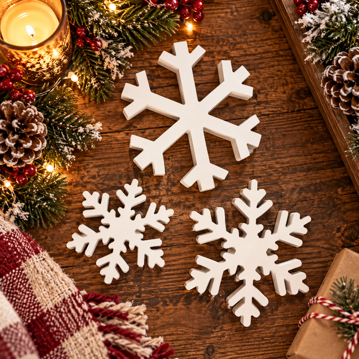 White Wooden Snowflake Christmas Decorations, Rustic Farmhouse Holiday Decor, Winter Tabletop Snowflakes