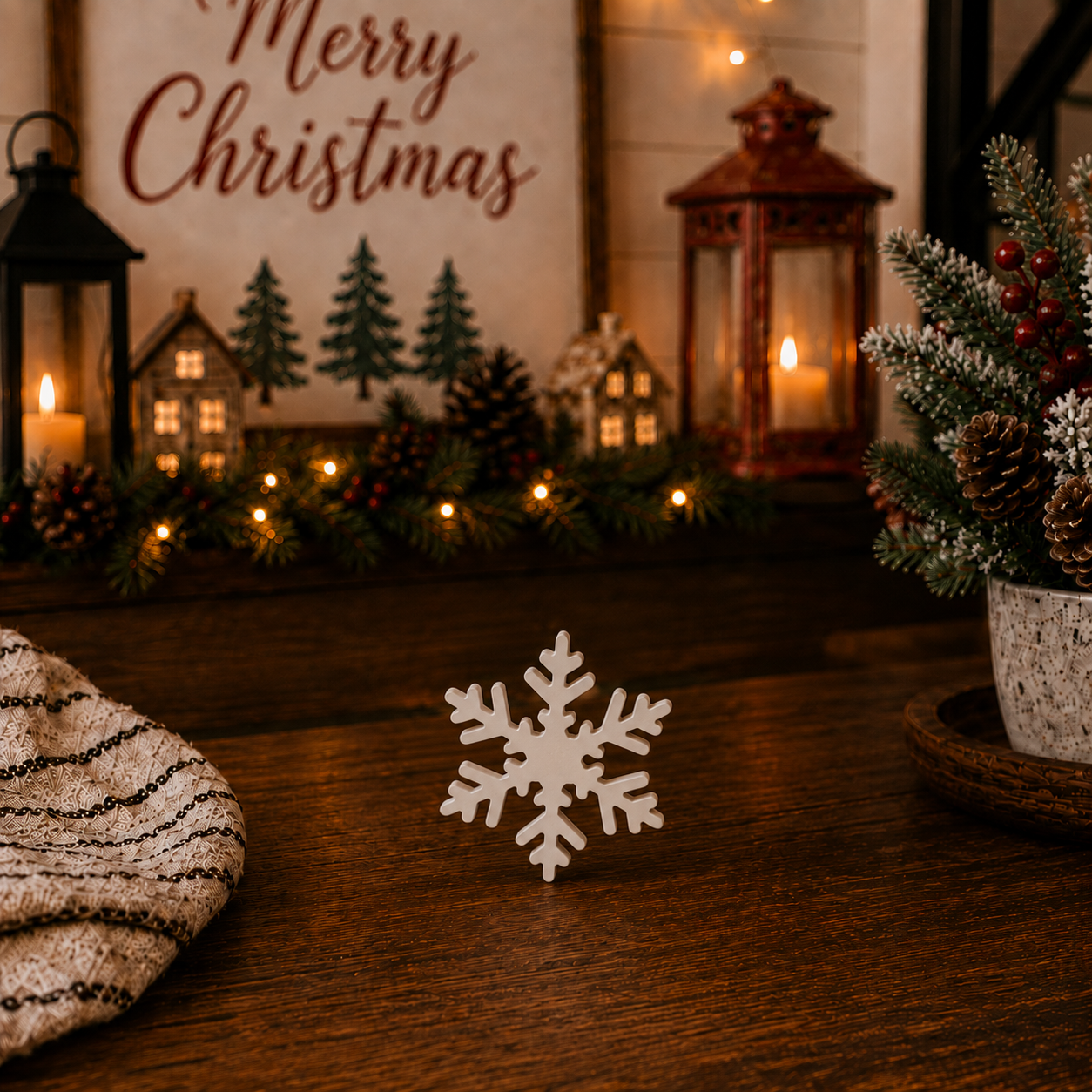 Festive winter tabletop display with assorted snowflakes
Christmas console table décor with white snowflake accents
White snowflake figurines displayed with candles and greenery
