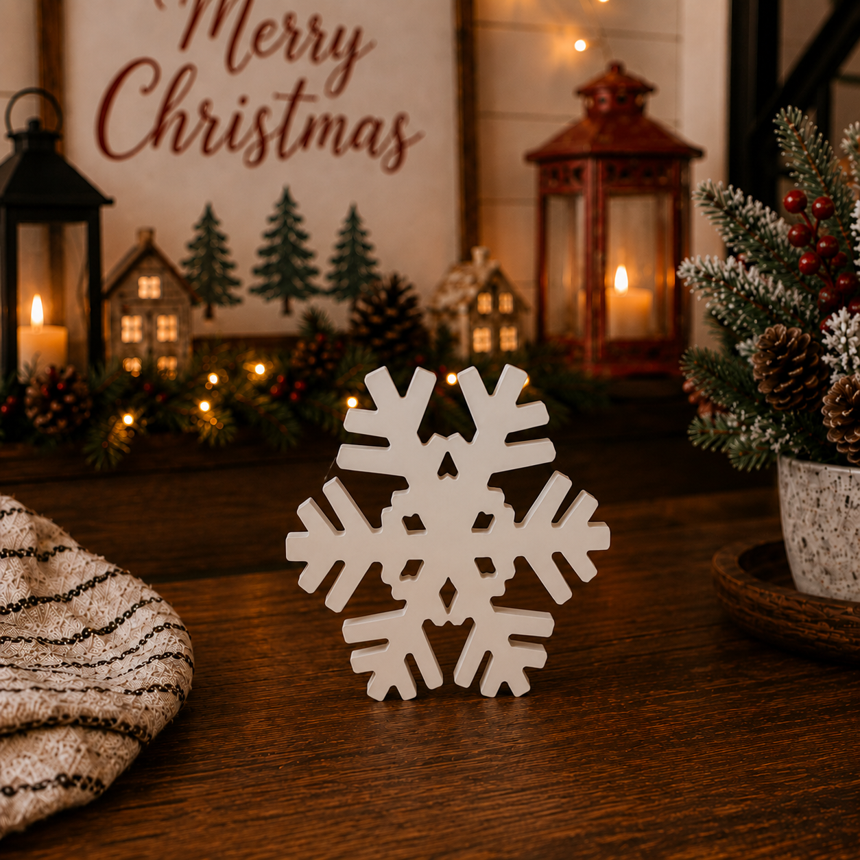 Large and small white snowflake figurines for shelf styling
Wooden snowflake Christmas decorations for a fireplace mantel
White snowflakes for a Christmas village or tabletop display
Rustic winter wonderland decorations made from MDF
White wooden snowflake trio for modern farmhouse holiday décor
Indoor Christmas snowflake decorations for shelves and tables
Decorative white snowflakes with assorted six-point designs
Freestanding wooden snowflakes for Christmas and winter decorating
