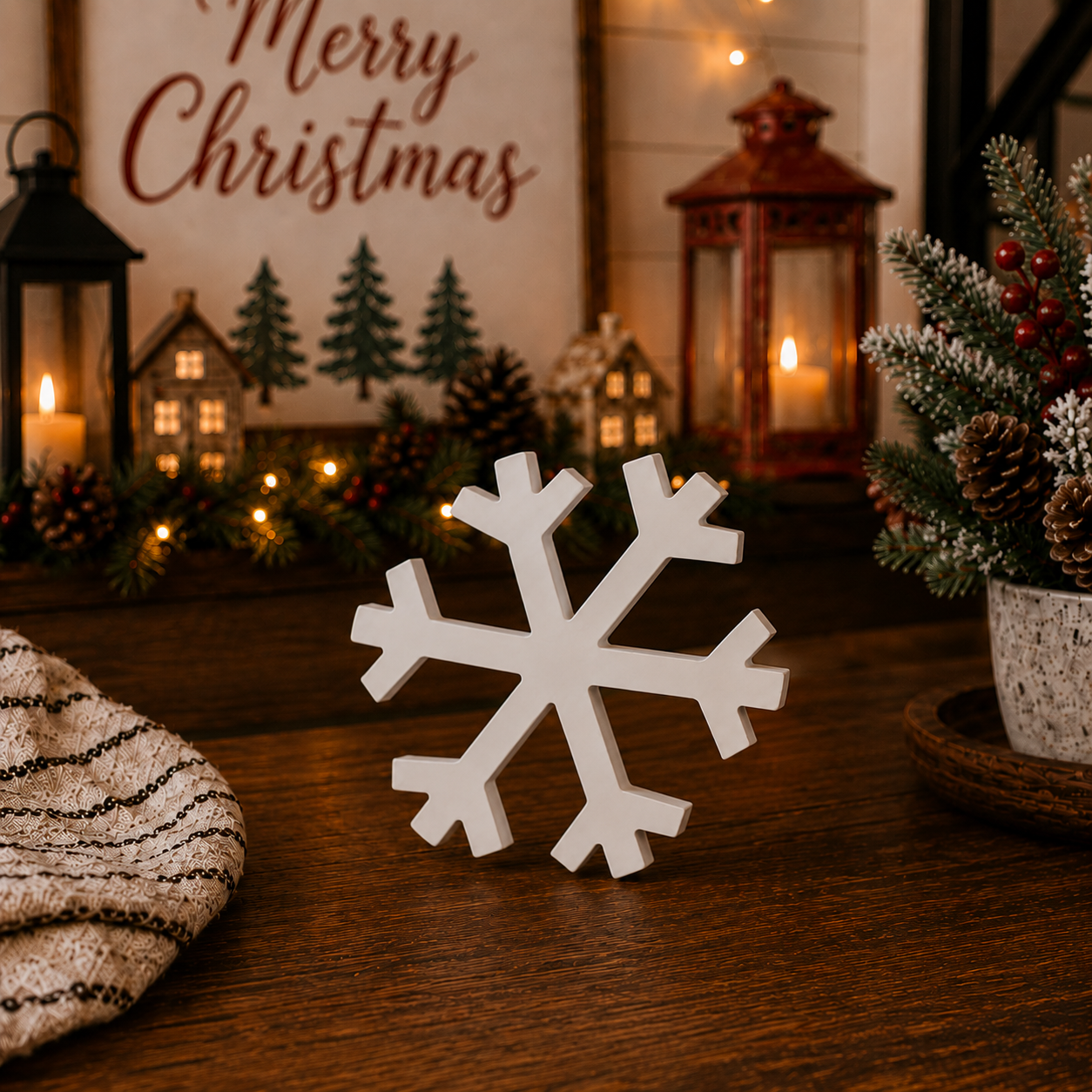 Assorted white wooden snowflakes in three designs
Decorative MDF snowflakes for winter home decorating
White freestanding snowflakes for shelves and mantels
Wooden Christmas snowflake decoration set
Large medium and small white snowflake figurines
White holiday snowflake decorations made from MDF
Indoor wooden snowflakes for Christmas decorating
White snowflake tabletop decorations with dimensional design
Reusable wooden snowflake decorations for winter