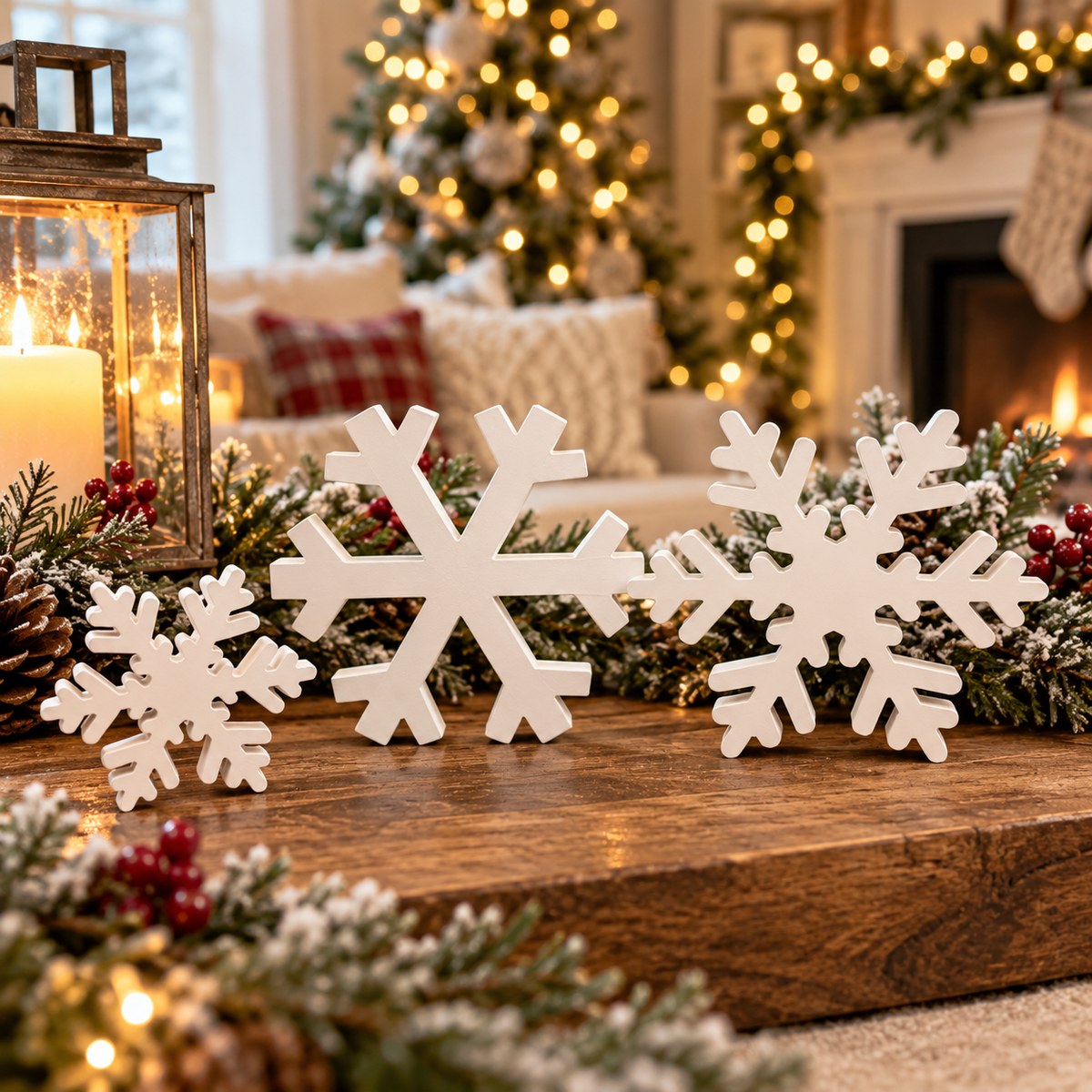 neutral Christmas snowflake decorations
winter wonderland wooden snowflake decor
white winter snowflake decorations
farmhouse winter snowflake tabletop decor