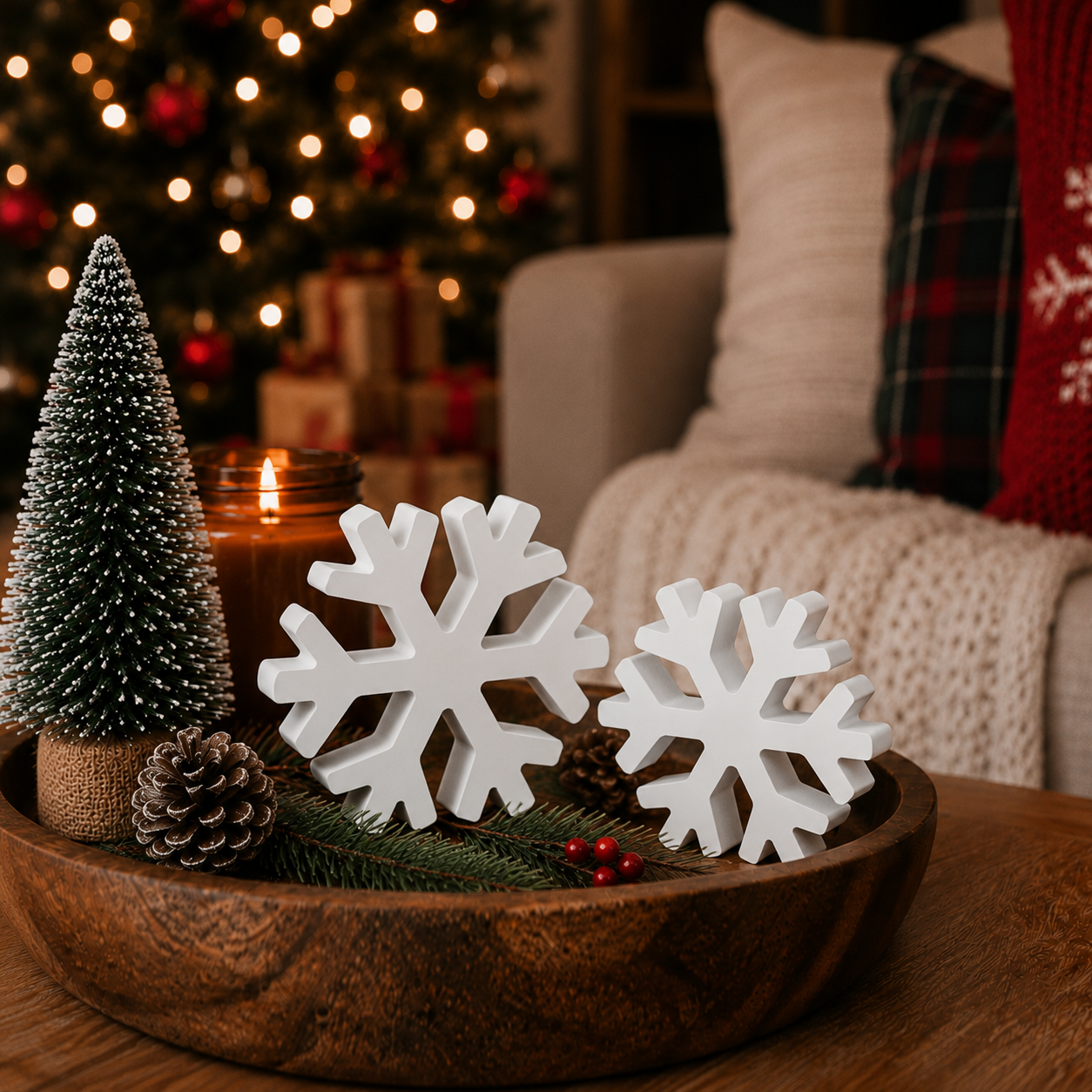 White wooden snowflakes for Christmas mantel décor
Freestanding snowflake decorations for holiday shelves
Wooden snowflake figurines for a Christmas tabletop
White winter decorations for fireplace mantel styling
Snowflake décor for an entryway console table
Wooden Christmas snowflakes for a holiday centerpiece
White snowflake accents for floating shelves
Small snowflake decorations for tiered tray décor
Christmas snowflakes for a holiday village display