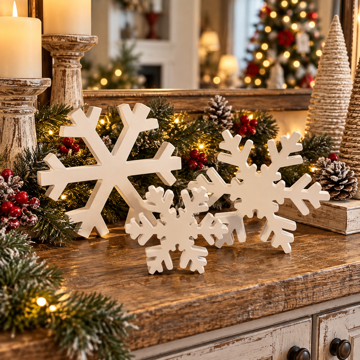 decorative wooden snowflakes for Christmas
white wooden Christmas snowflake set
Christmas snowflake tabletop decoration set
rustic wooden Christmas snowflake set