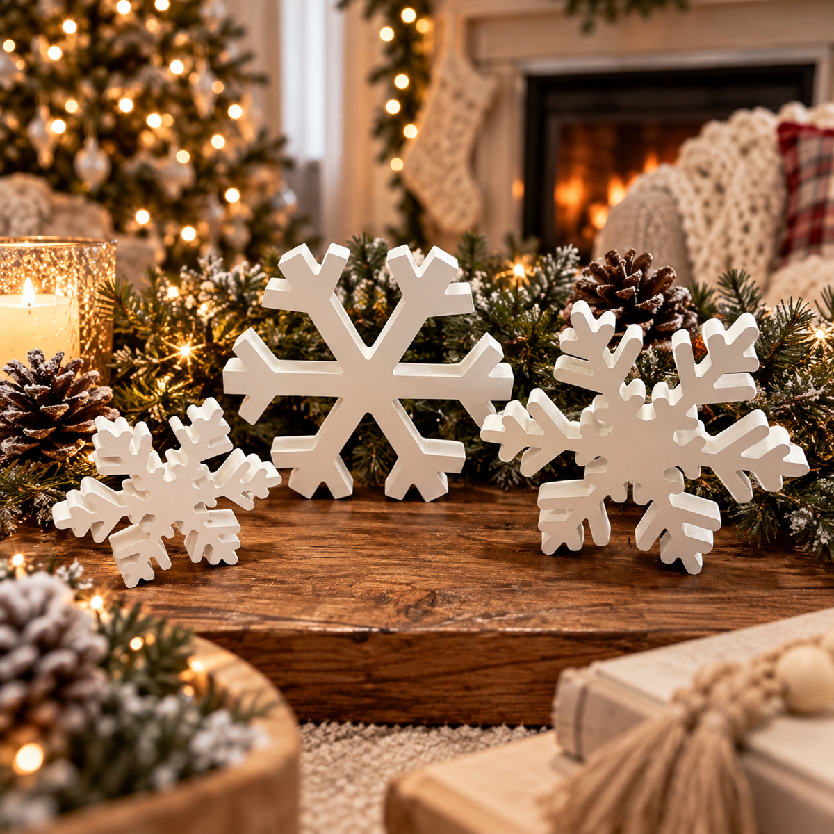 Wooden snowflake Christmas decorations for a fireplace mantel
White snowflakes for a Christmas village or tabletop display