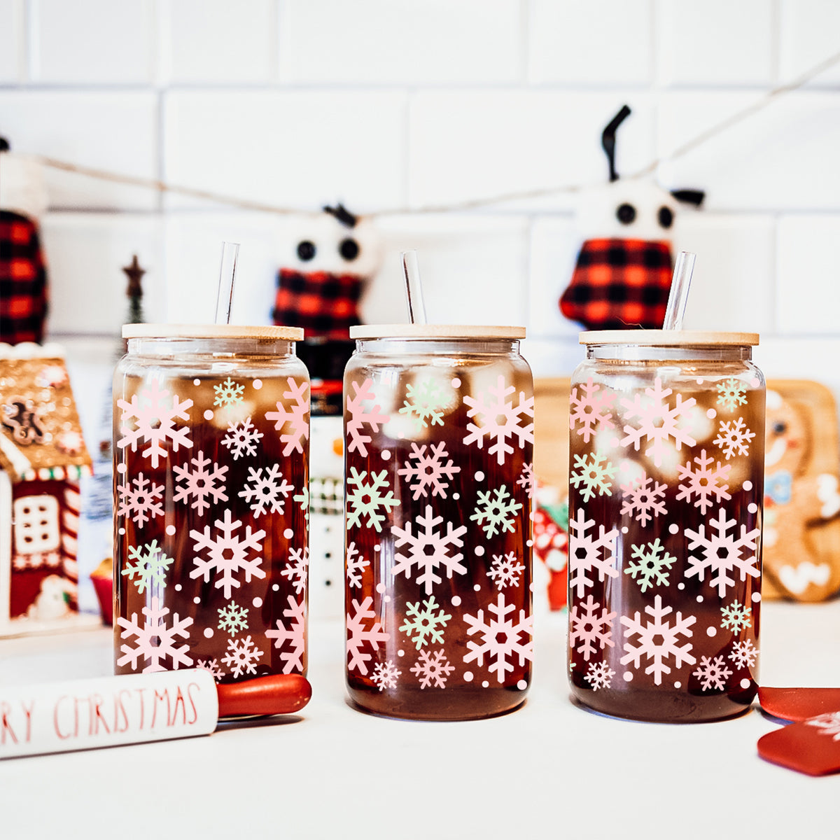 Christmas pastel pink mint snowflake coffee tumbler bamboo lid - Soft accessories
17oz Christmas coffee tumbler glass - Pastel snowflake pink mint holiday kitchen gifts bamboo lid straw - Soft design
Holiday drinkware gifts glass cup