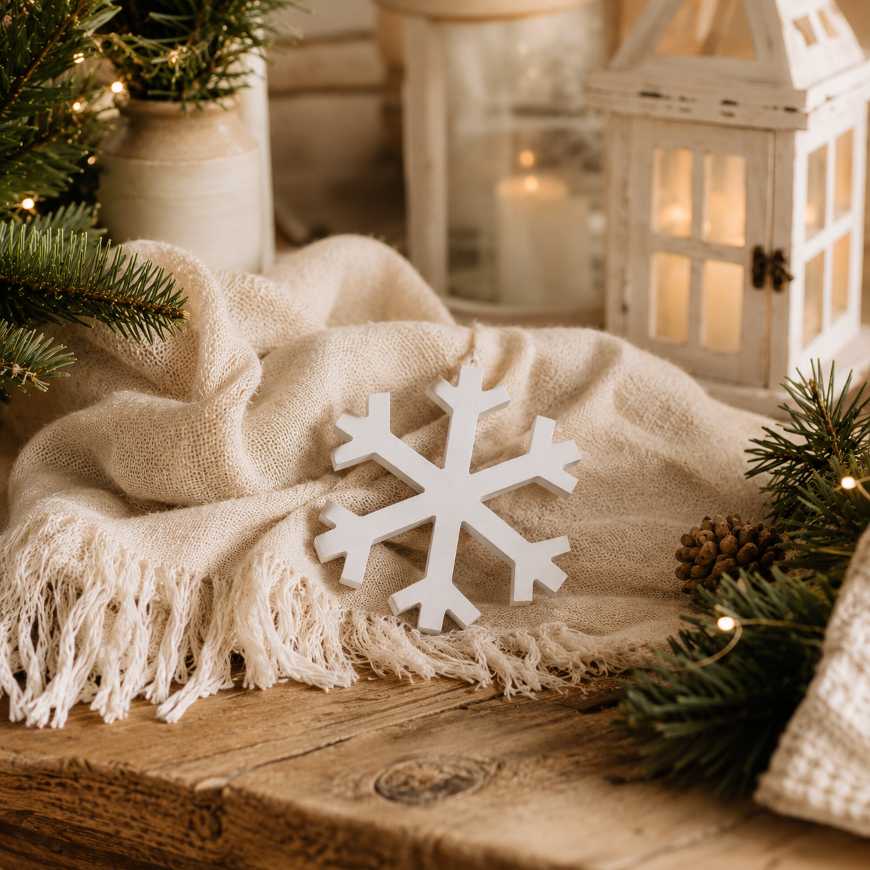Christmas gift for mom who loves seasonal décor
Wooden winter decoration gift for grandma
Christmas home décor gift for a new homeowner
White snowflake figurines for a teacher gift
White Christmas snowflakes displayed on a rustic wood shelf
Snowflake decorations styled beside a Merry Christmas sign
Holiday shelf décor with white wooden snowflakes
Christmas fireplace display featuring freestanding snowflakes
White wooden snowflakes surrounded by warm holiday lights