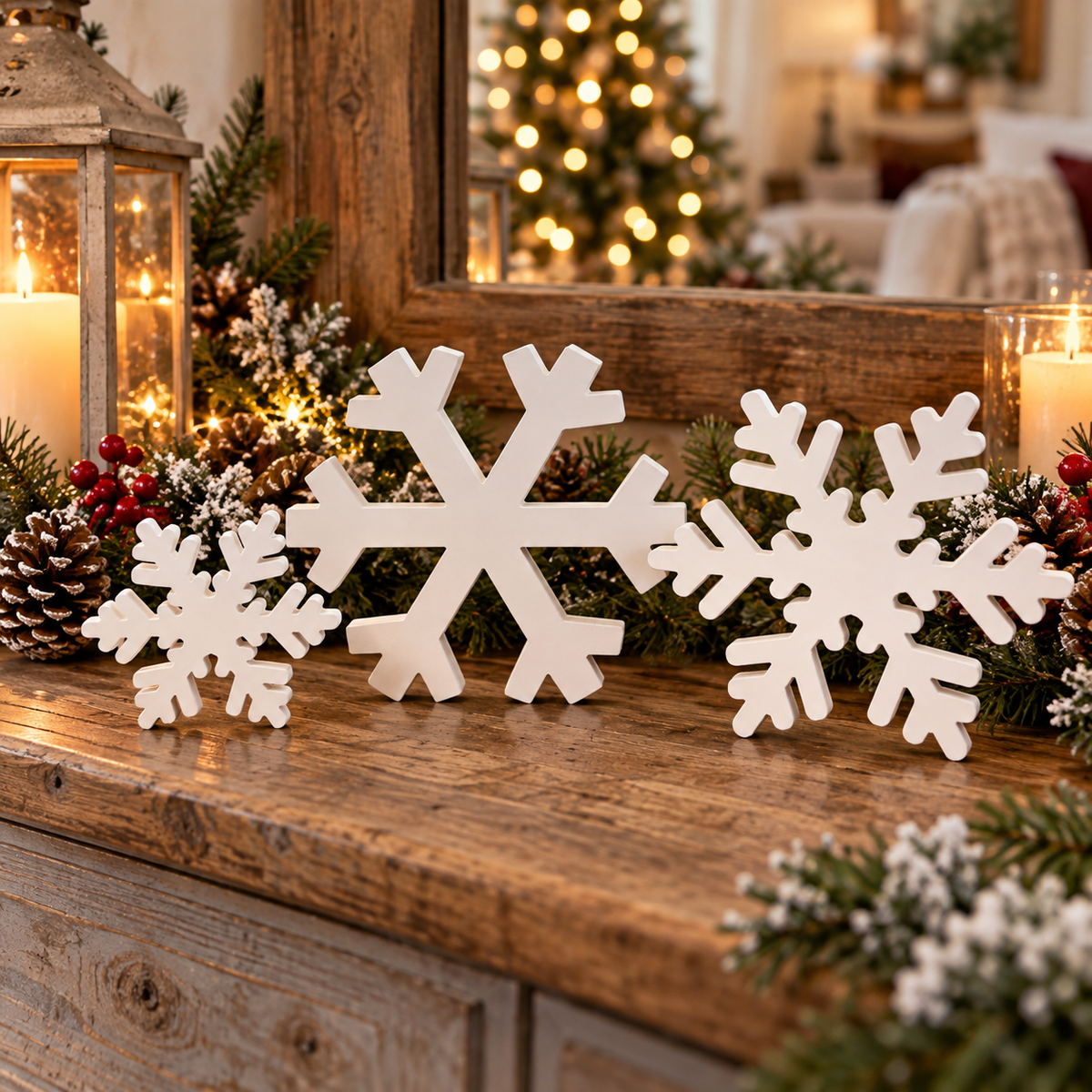 Set of white MDF snowflakes for mantel tabletop and shelf décor
Wooden snowflake set for a Secret Santa gift