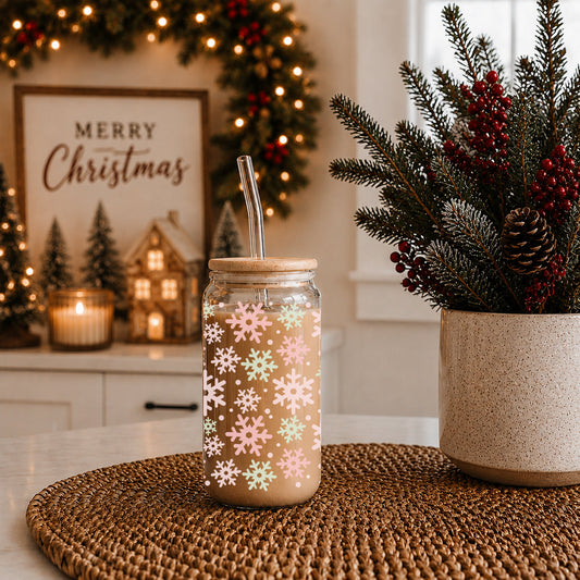 Christmas pastel pink mint snowflake coffee tumbler bamboo lid - Soft accessories
17oz Christmas coffee tumbler glass - Pastel snowflake pink mint holiday kitchen gifts bamboo lid straw - Soft design
Holiday drinkware gifts glass cup
Christmas stocking stuffer - pastel pink and mint holiday tumbler cup