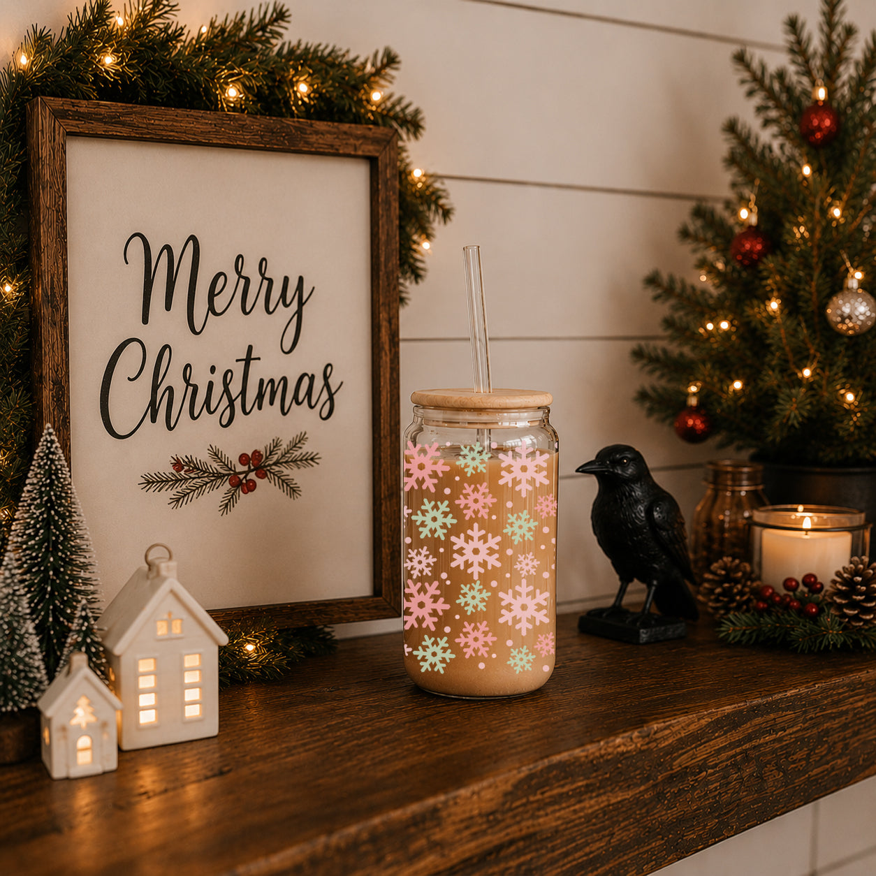 Christmas kitchen decor – glass cup with pastel snowflake design for holiday coffee bar
Pastel pink and green mint snowflake glass cup – Christmas coffee tumbler
Christmas glass cup 17oz with bamboo lid - Pastel pink mint snowflake tumbler with glass straw - Holiday drinkware gift