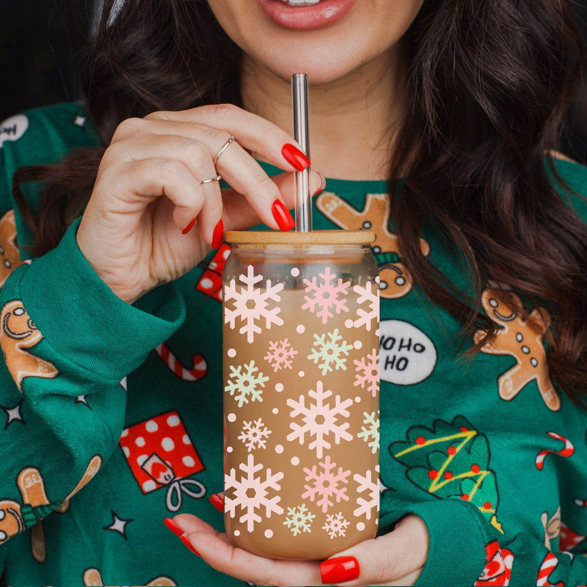 Christmas drinkware glass tumbler 17oz - Pastel pink mint snowflake bamboo lid holiday gift
Blush mint Christmas glass cup 17oz - Pastel snowflake holiday coffee tumbler bamboo lid glass straw