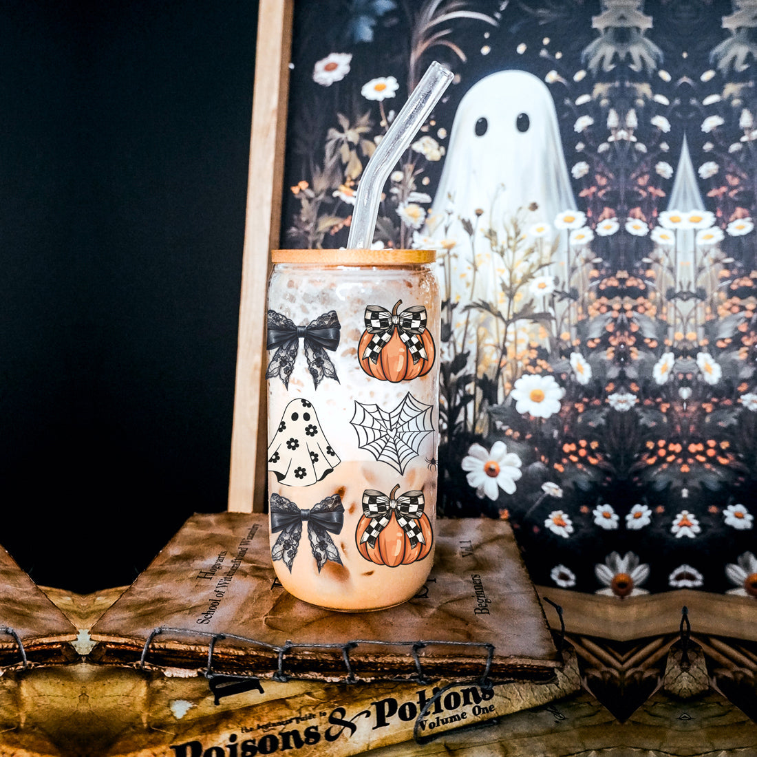 checkered pumpkin glass cup
gothic glam halloween tumbler
black bow drink glass set