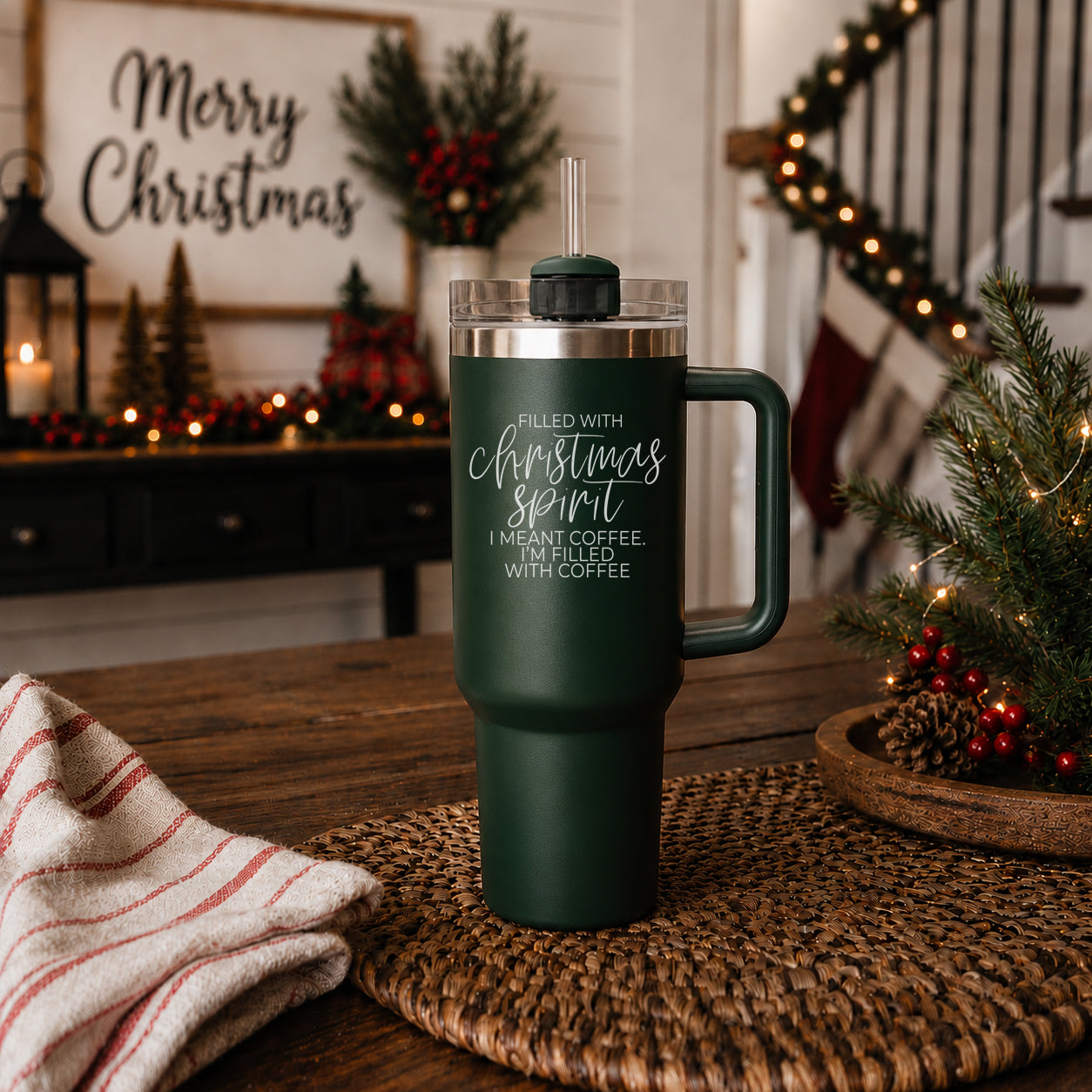 Christmas morning coffee tumbler 40oz
Holiday morning tumbler red green
Funny Christmas gift tumbler 40oz 
Christmas gag gift tumbler  red green
Humorous Christmas tumbler  40oz
Christmas joke tumbler with handle 