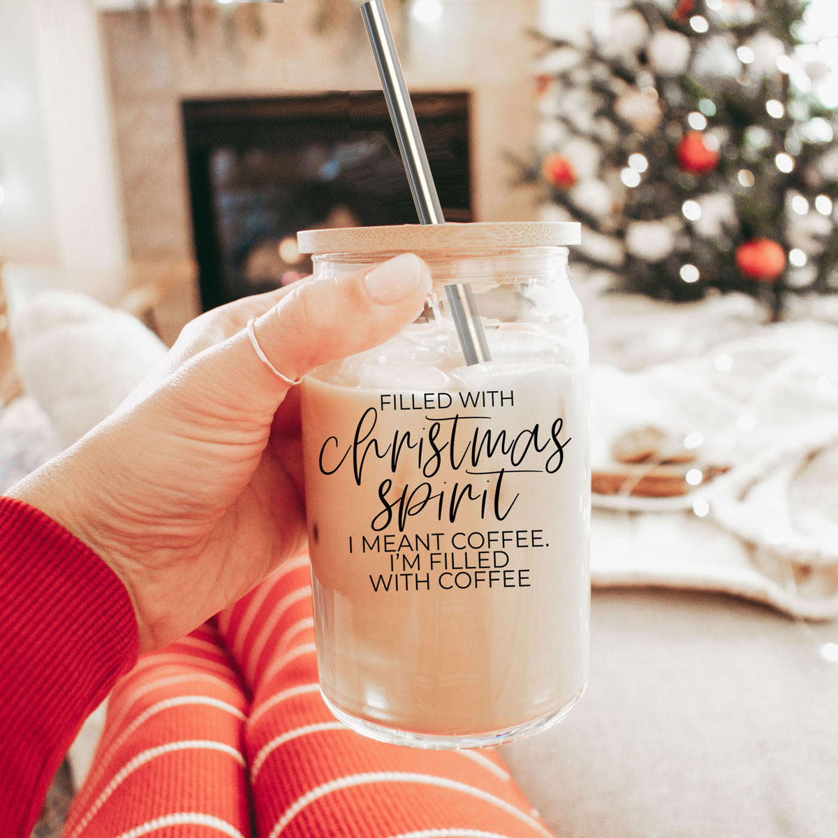 holiday iced coffee tumbler with bamboo lid
Christmas coffee lover gift glass tumbler
funny holiday coffee cup with lid and straw