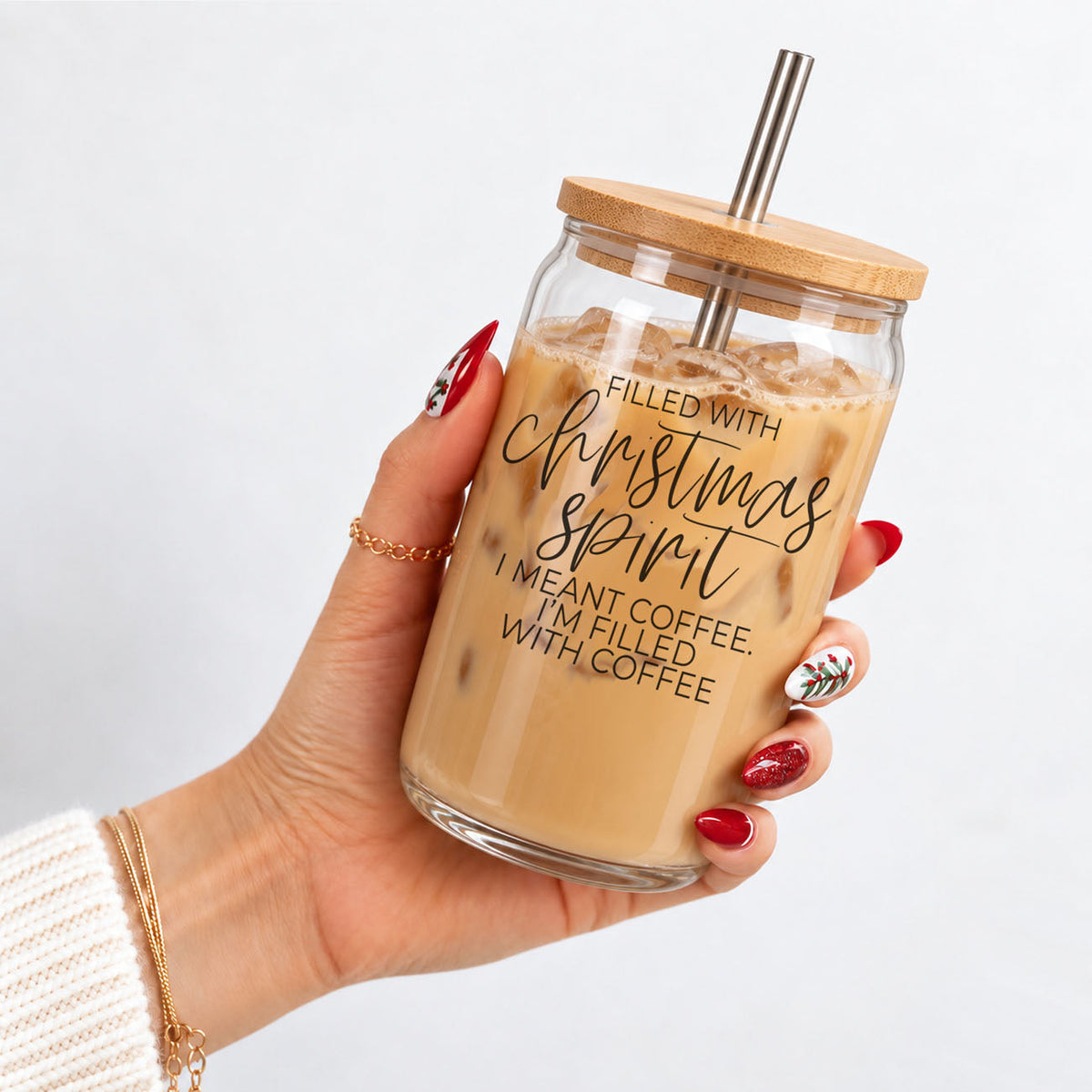 filled with Christmas spirit coffee tumbler
funny Christmas iced coffee cup for women
Christmas glass coffee cup with funny saying