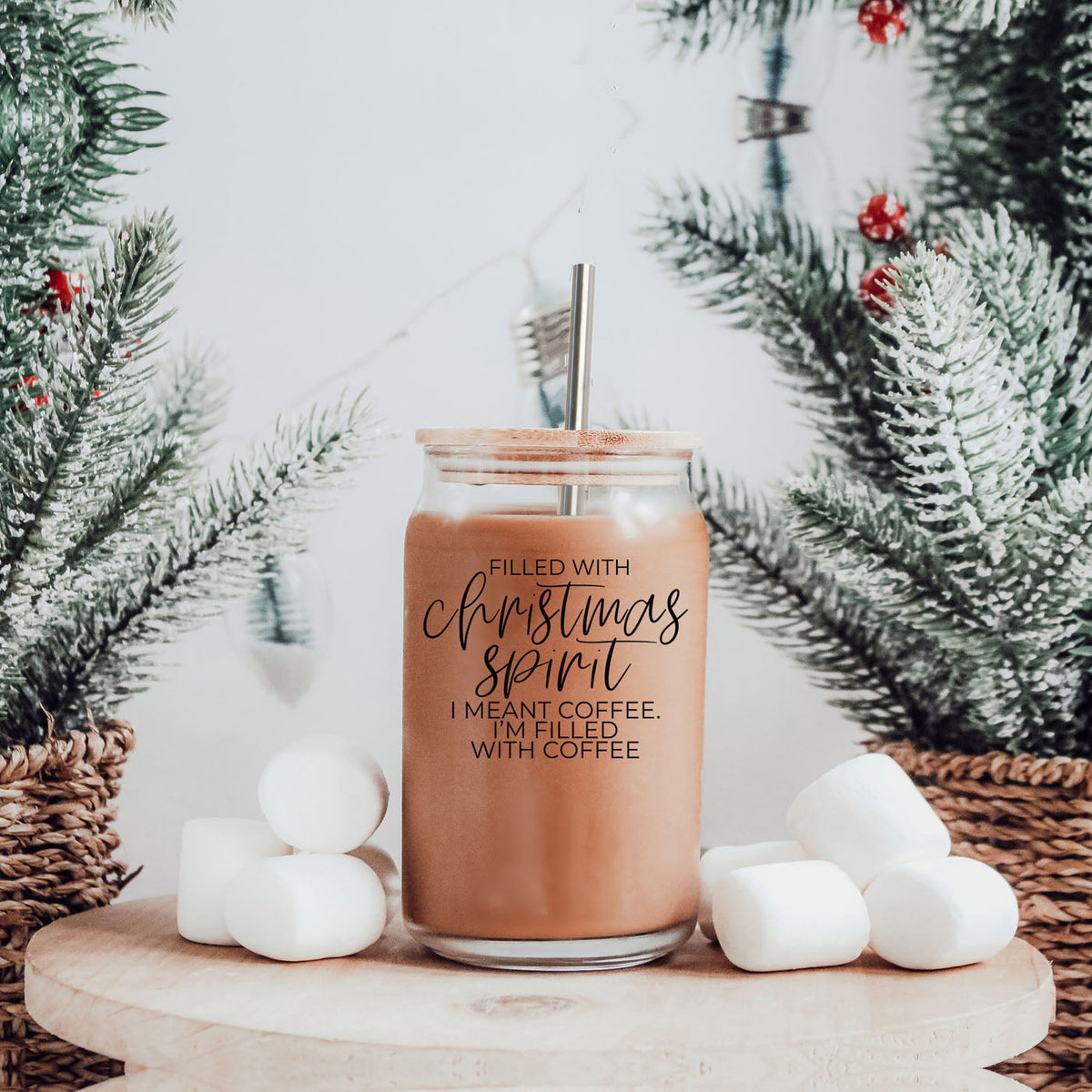 17oz Christmas Glass Tumbler With Bamboo Lid & Straw – Funny Christmas Coffee Cup for Iced Coffee