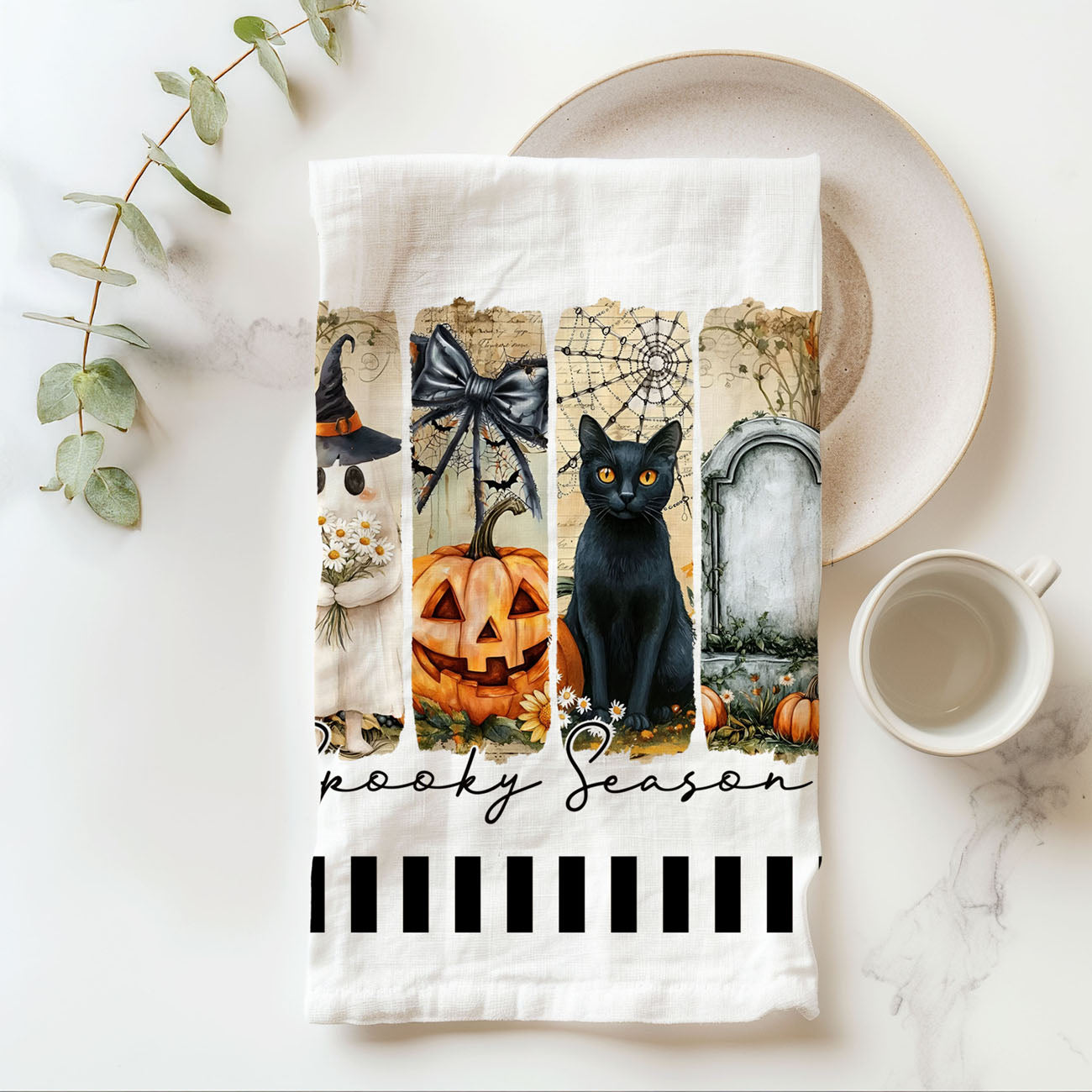fall halloween kitchen décor towel with ghost and spiderweb bow
black and white striped spooky season towel farmhouse style
halloween hostess gift spooky season flour sack cotton towel
modern spooky kitchen towel for october decorating