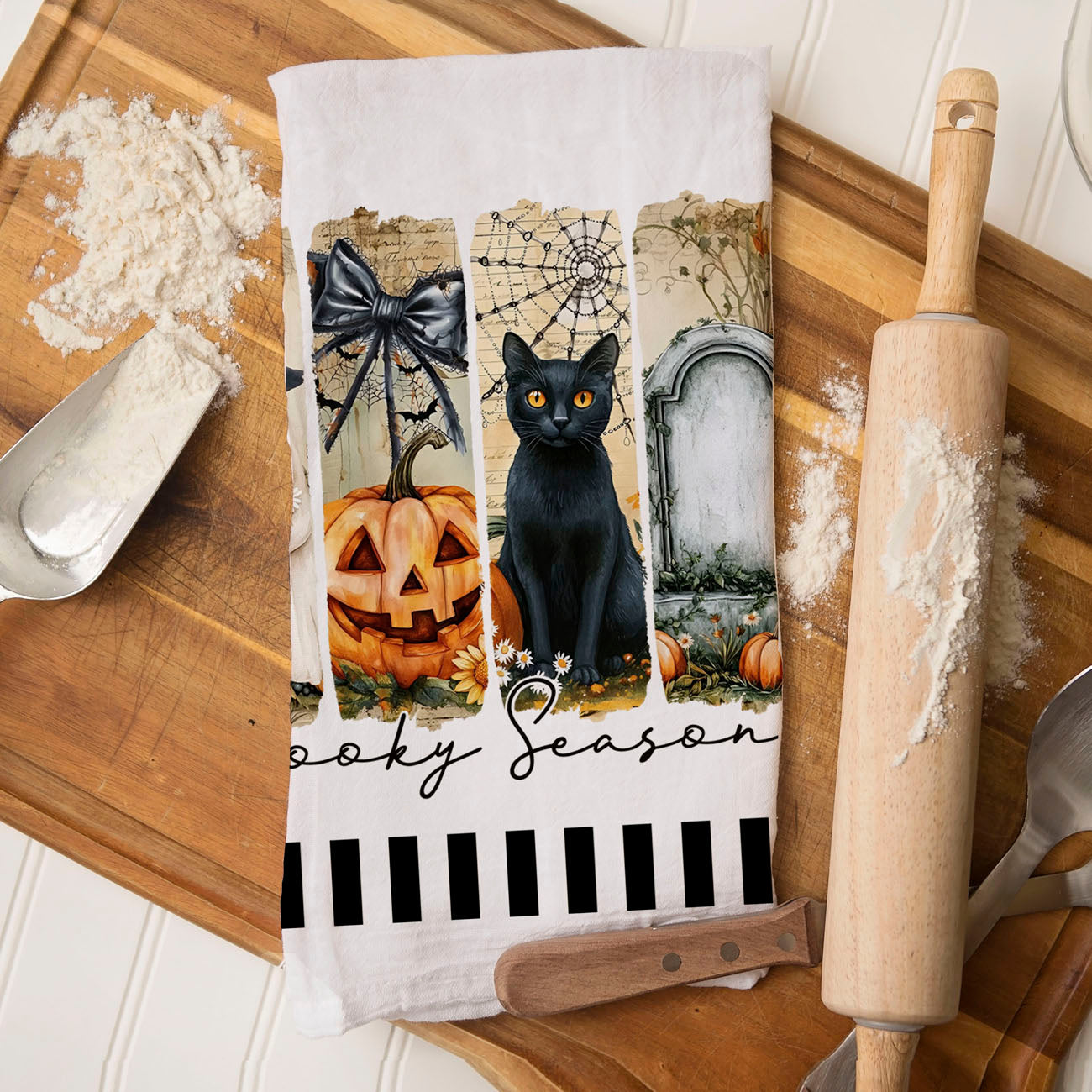 spiderweb and jack o lantern halloween kitchen décor towel
graveyard and black cat halloween dish towel modern style
spooky season text towel with ghost pumpkin and grave
chic halloween kitchen towel with ghost pumpkin and cobweb