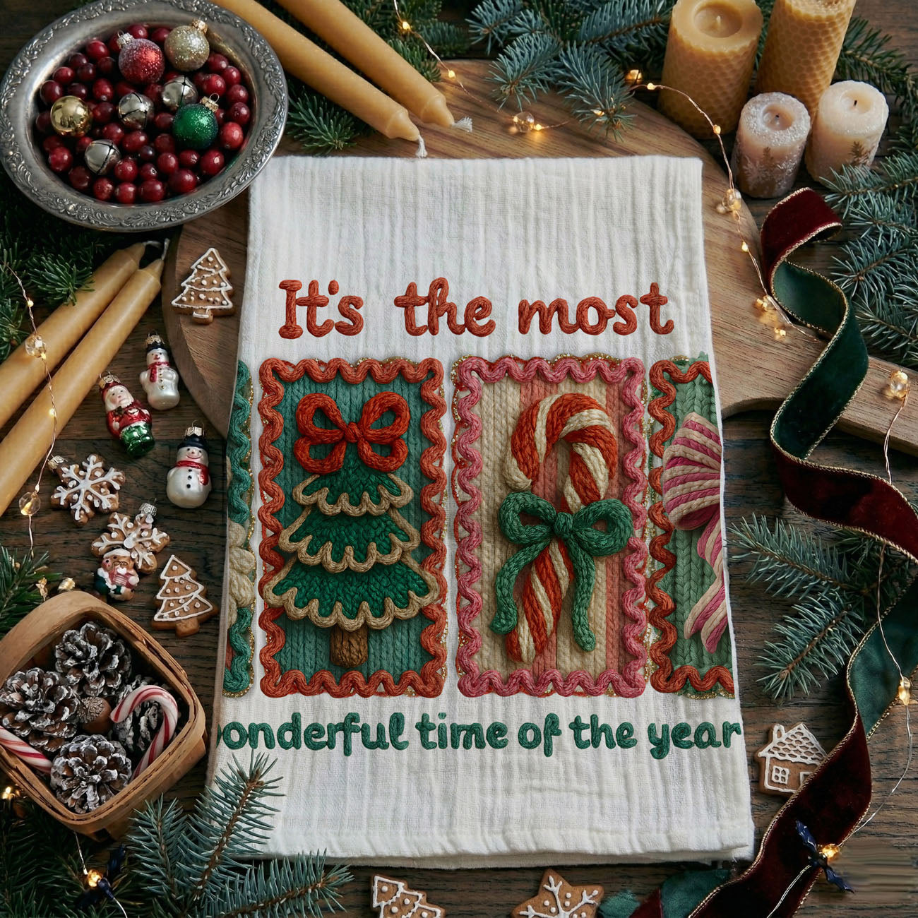 christmas tea towel crochet inspired holiday decor
holiday dish towel with crochet style christmas icons
decorative christmas towel crochet pattern kitchen
soft cotton christmas towel vintage crochet design
christmas hand towel crochet style festive decor