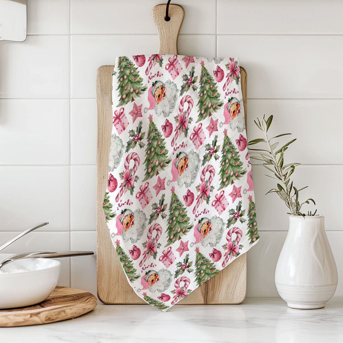 christmas pattern towel with trees bows and candy canes
cute repeating christmas icons kitchen towel design
holiday print cotton towel santa claus motif
christmas pattern textile kitchen towel festive theme
modern farmhouse christmas kitchen towel pink santa