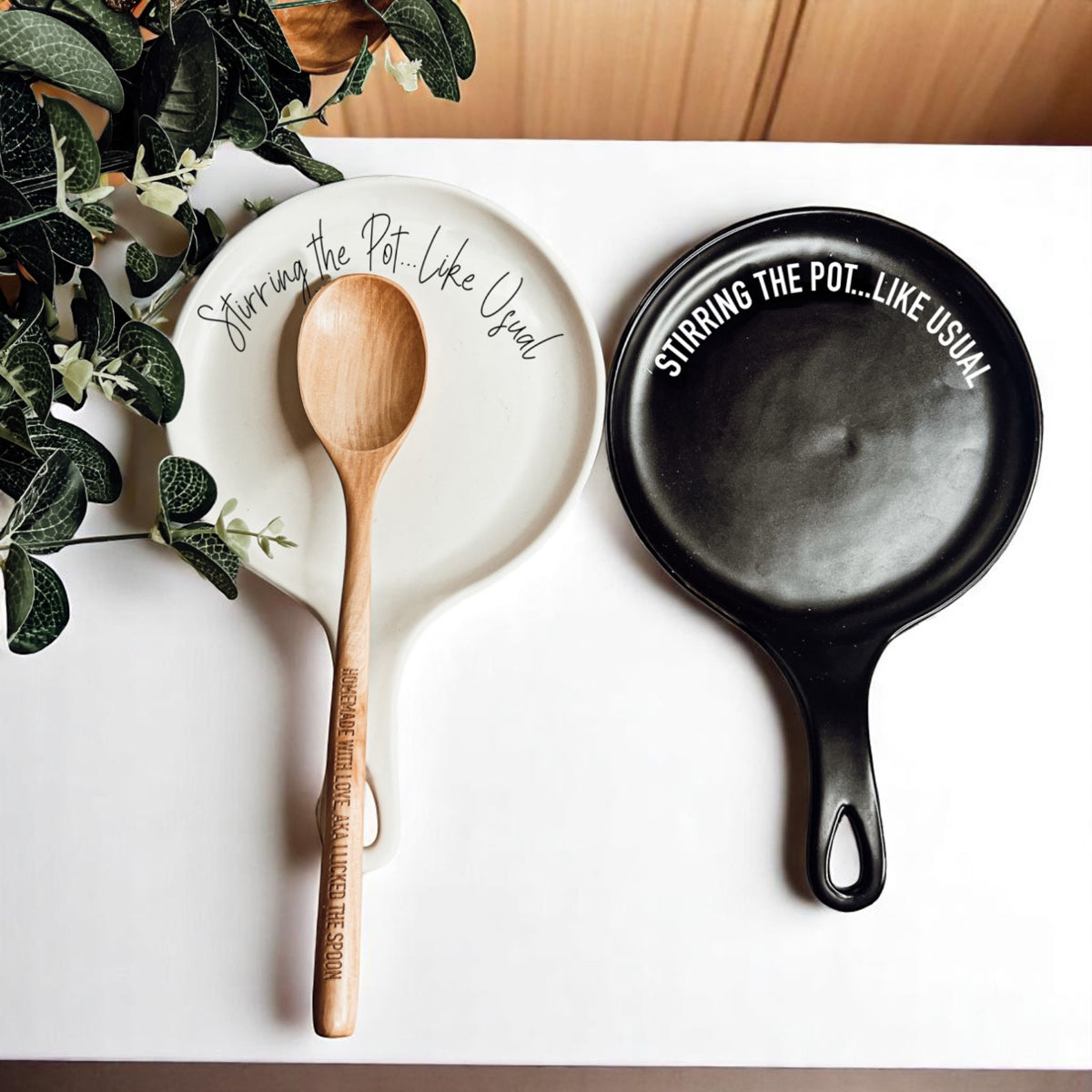 Ceramic spoon rest gift set in black or white with humorous kitchen quote
Stirring the Pot Like Usual spoon rest with matching wooden spoon gift set