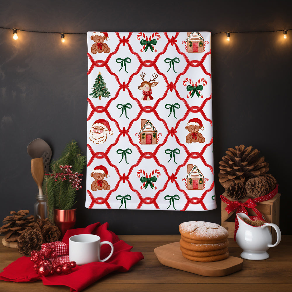 traditional christmas kitchen towel with santa and gingerbread house
festive holiday dish towel with candy canes and reindeer design
vintage christmas flour sack towel with teddy bear and santa