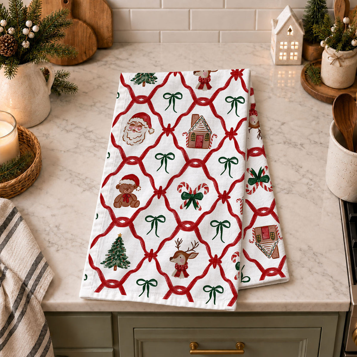 Christmas tree kitchen theme accessories
Classic retro Christmas kitchen accessories
Christmas tree themed kitchen towel
Tree themed holiday kitchen decor
Traditional Christmas kitchen gift
traditional christmas kitchen towel with festive holiday pattern decor
farmhouse christmas dish towel with santa and gingerbread design
cozy holiday kitchen towel red green festive christmas decor