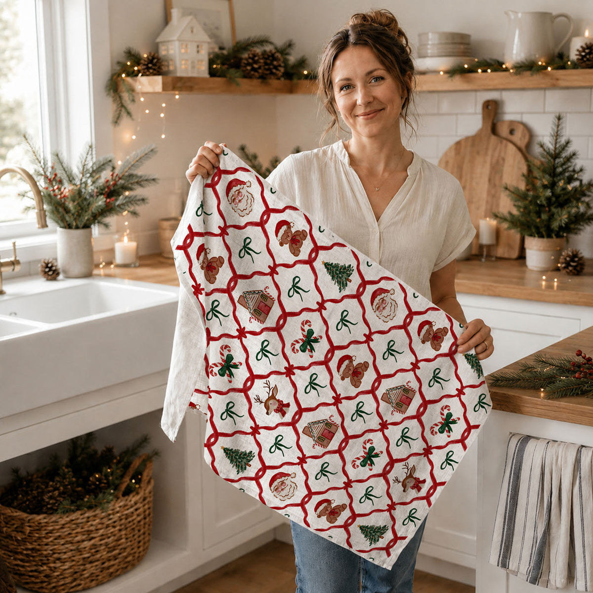 gingerbread and santa claus holiday kitchen towel
christmas tea towel with reindeer, santa, and candy canes
Retro holiday kitchen decoration
Vintage inspired Christmas kitchen decor
Holiday themed kitchen essentials
Christmas kitchen theme collection
warm cozy christmas dish towel traditional home decor
holiday kitchen towel rustic farmhouse christmas aesthetic
