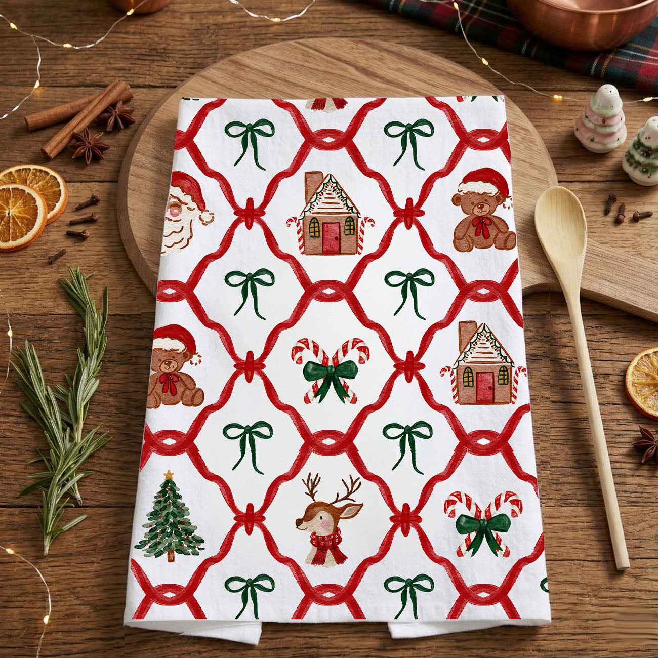 classic christmas dish towel for cozy holiday kitchen decor styling
festive christmas kitchen towel for baking decorating and entertaining
holiday kitchen towel with traditional christmas characters and pattern
farmhouse christmas towel with festive red green holiday design
cozy christmas kitchen decor towel with classic holiday elements