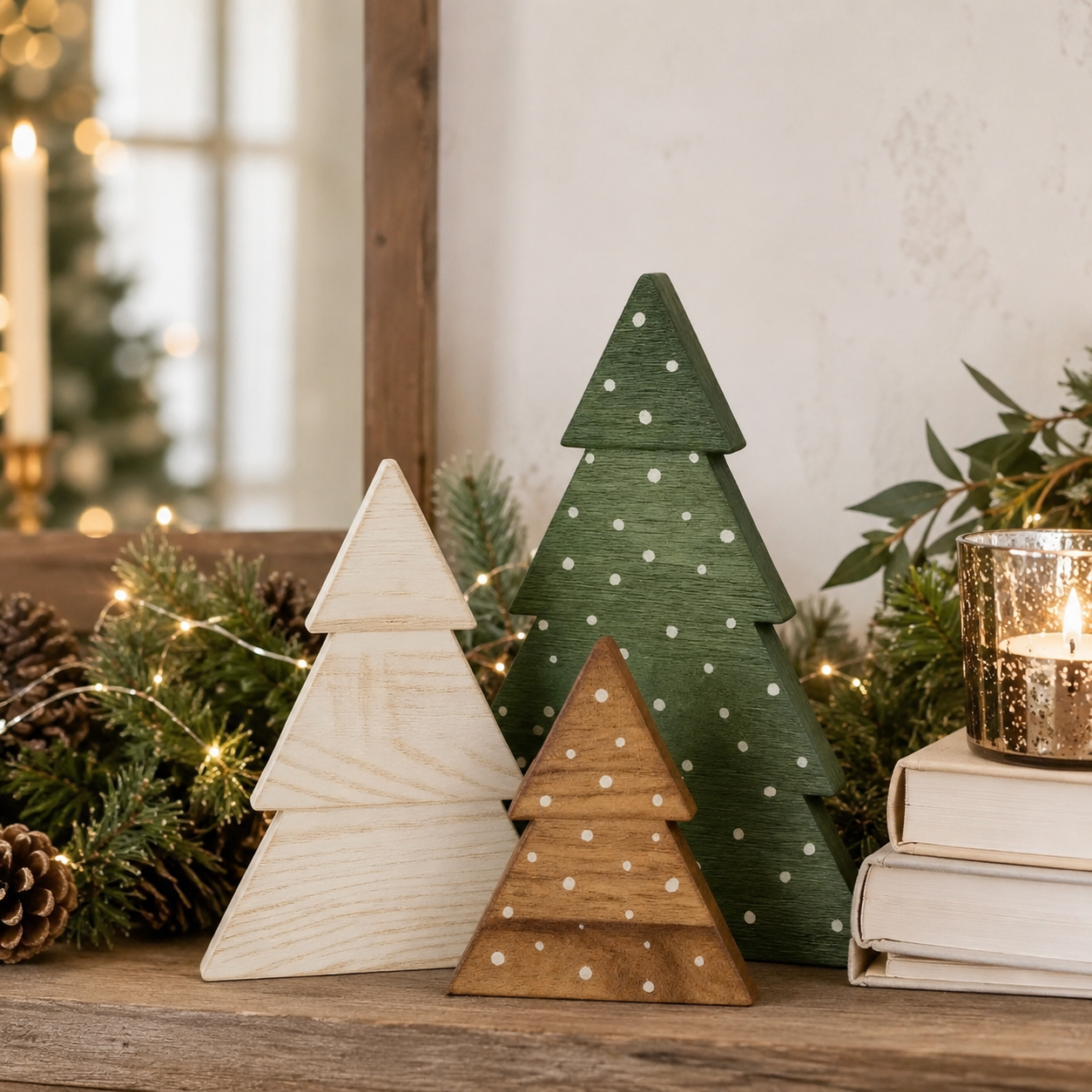 Set of three boxwood wooden Christmas tree decorations
Snowy Spruces wooden Christmas tree decorations set of three
Green white and natural wood Christmas tree figurines
Freestanding boxwood Christmas trees with painted snow dots
Rustic wooden Christmas tree decorations in three sizes
Boxwood tabletop Christmas tree figurines for holiday decorating
Wooden Christmas tree set with green whitewashed and natural finishes