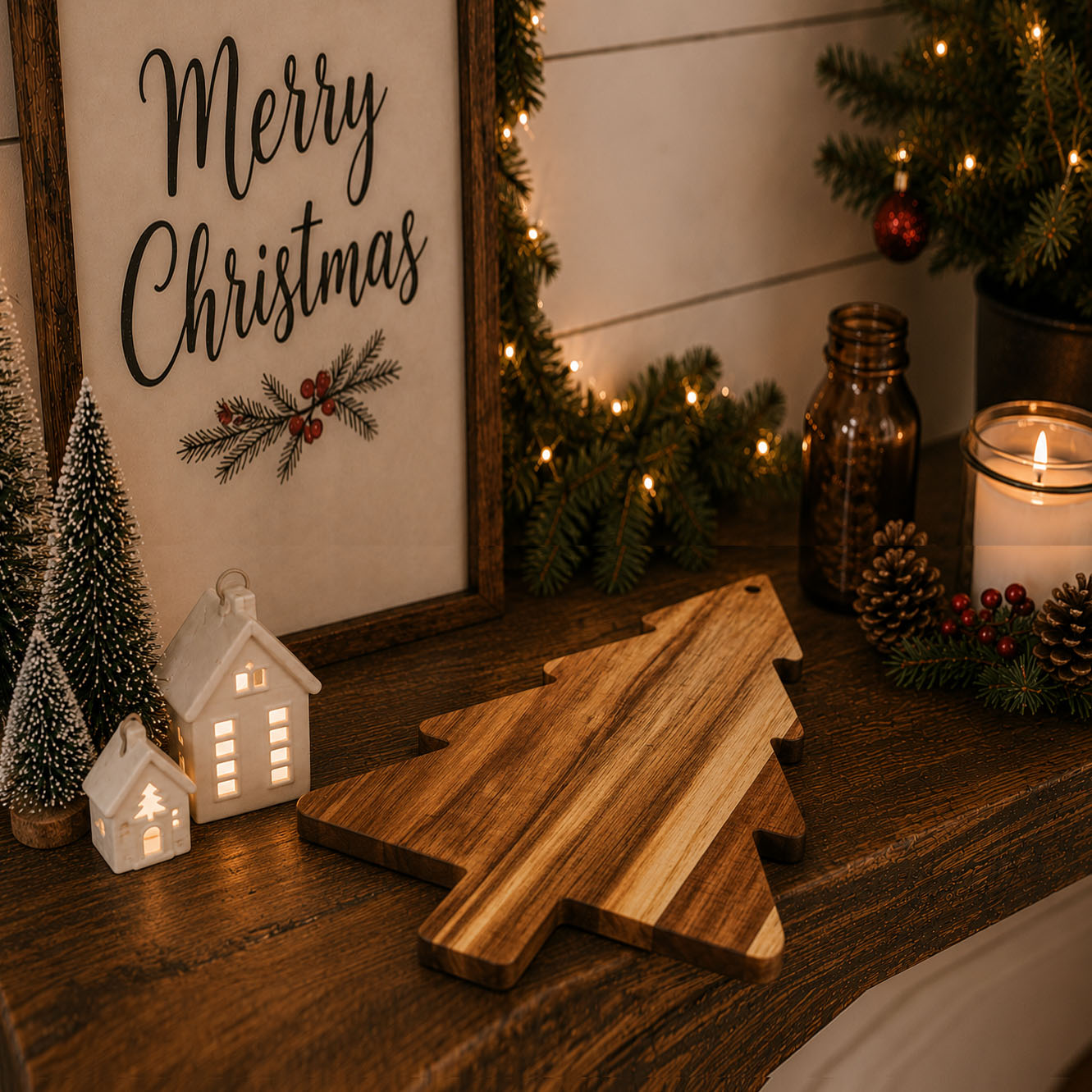 Christmas tree-shaped acacia cutting board hanging in a holiday kitchen
Wooden Christmas tree board hanging from its built-in display hole
Acacia wood cutting board displayed as Christmas kitchen décor
Hanging Christmas tree cutting board in a rustic farmhouse kitchen
Wooden holiday serving board hanging beneath a decorated kitchen shelf
Christmas tree board displayed on a wall with festive greenery
Decorative acacia wood tree board hanging in a Christmas kitchen