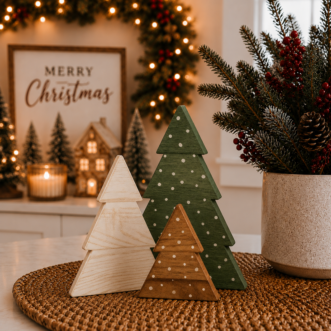 Christmas mantel décor with freestanding wooden trees
Holiday tabletop display with boxwood Christmas tree figurines
Wooden Christmas trees styled beside evergreen branches and pinecones
Festive wooden trees displayed in front of a Christmas fireplace
Boxwood tree decorations surrounded by warm holiday lights
Christmas centerpiece featuring three rustic wooden trees
Wooden holiday trees for a farmhouse Christmas display