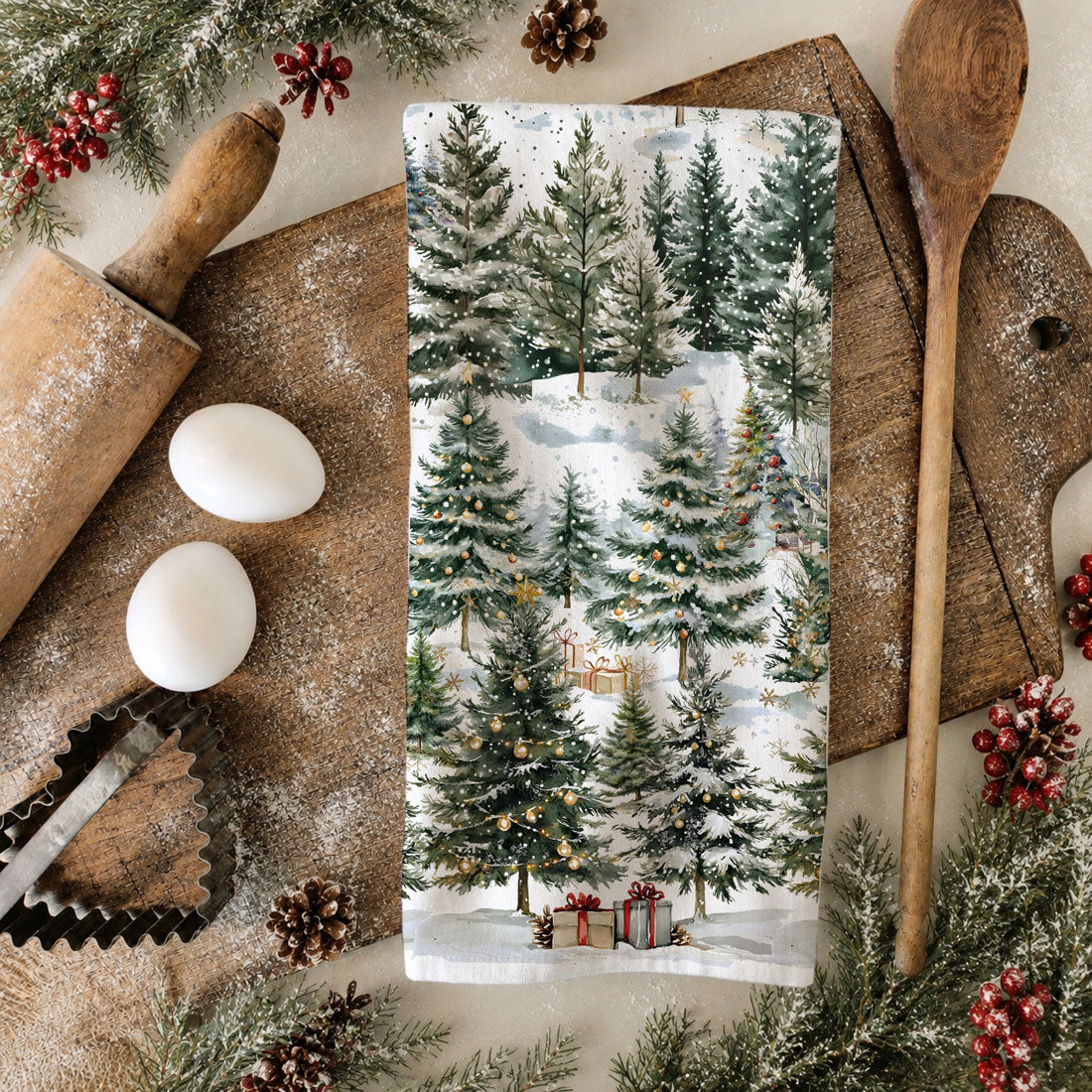 flour sack christmas towel snowy pine trees design
christmas tea towel winter forest scene decor
holiday dish towel christmas tree landscape print
decorative kitchen towel winter trees snowy design
soft cotton christmas towel evergreen forest pattern
kitchen towel styled cozy home winter forest aesthetic
flat lay christmas kitchen towel snowy trees decor