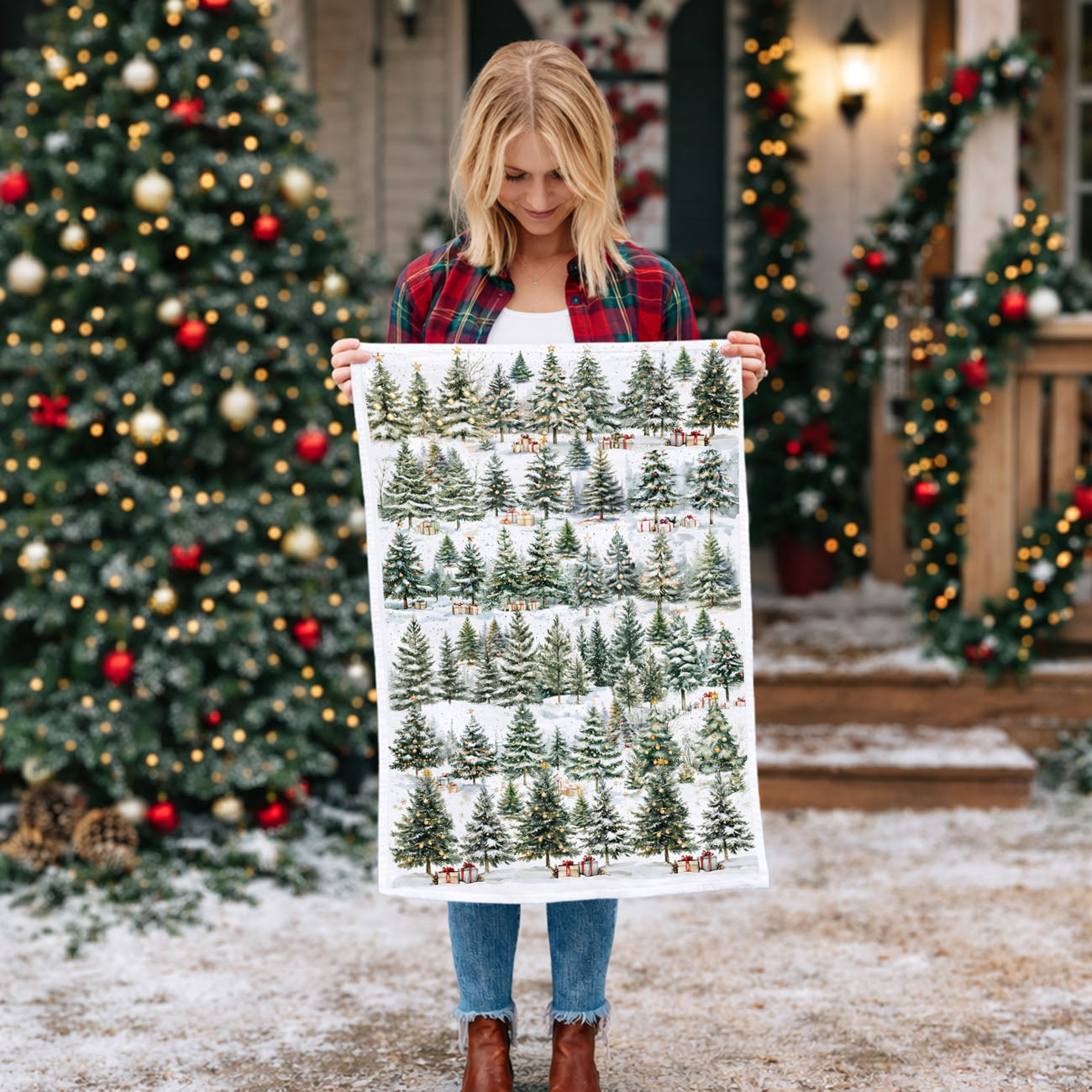 flour sack christmas towel snowy pine trees design
christmas tea towel winter forest scene decor
holiday dish towel christmas tree landscape print
decorative kitchen towel winter trees snowy design
soft cotton christmas towel evergreen forest pattern