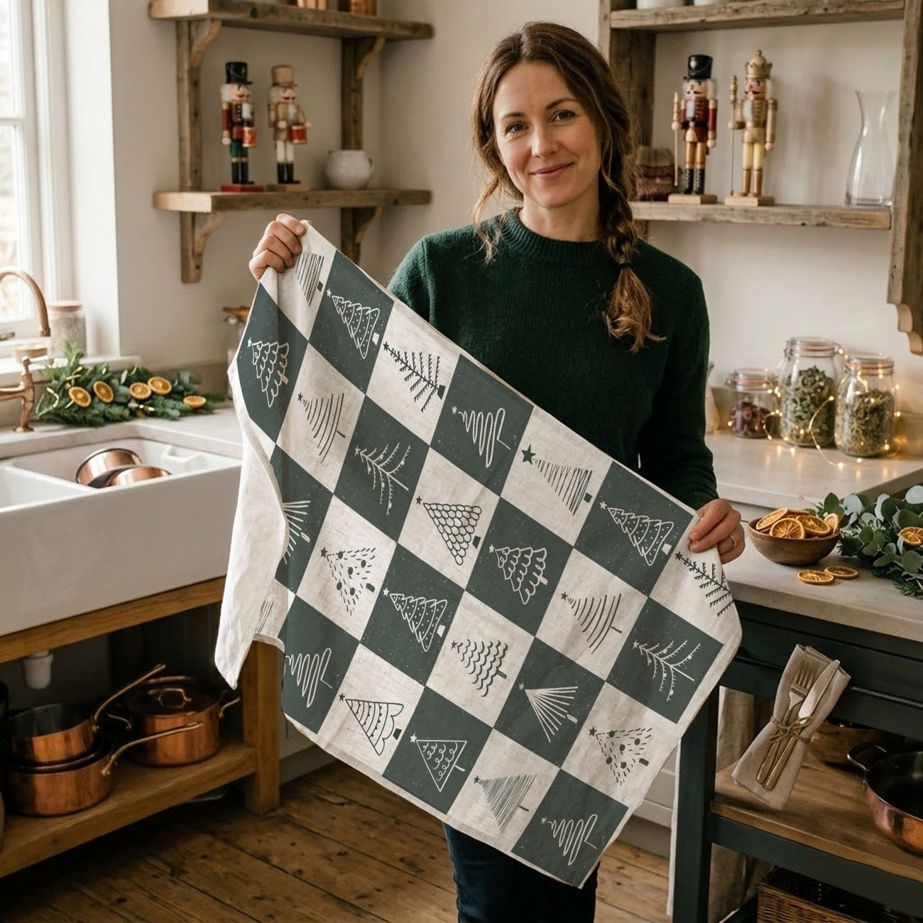 grid christmas tree kitchen towel minimalist design
checkerboard christmas tree dish towel neutral tones
modern christmas kitchen towel with multiple tree styles
neutral christmas towel with simple tree illustrations
minimalist holiday kitchen towel soft grey christmas decor