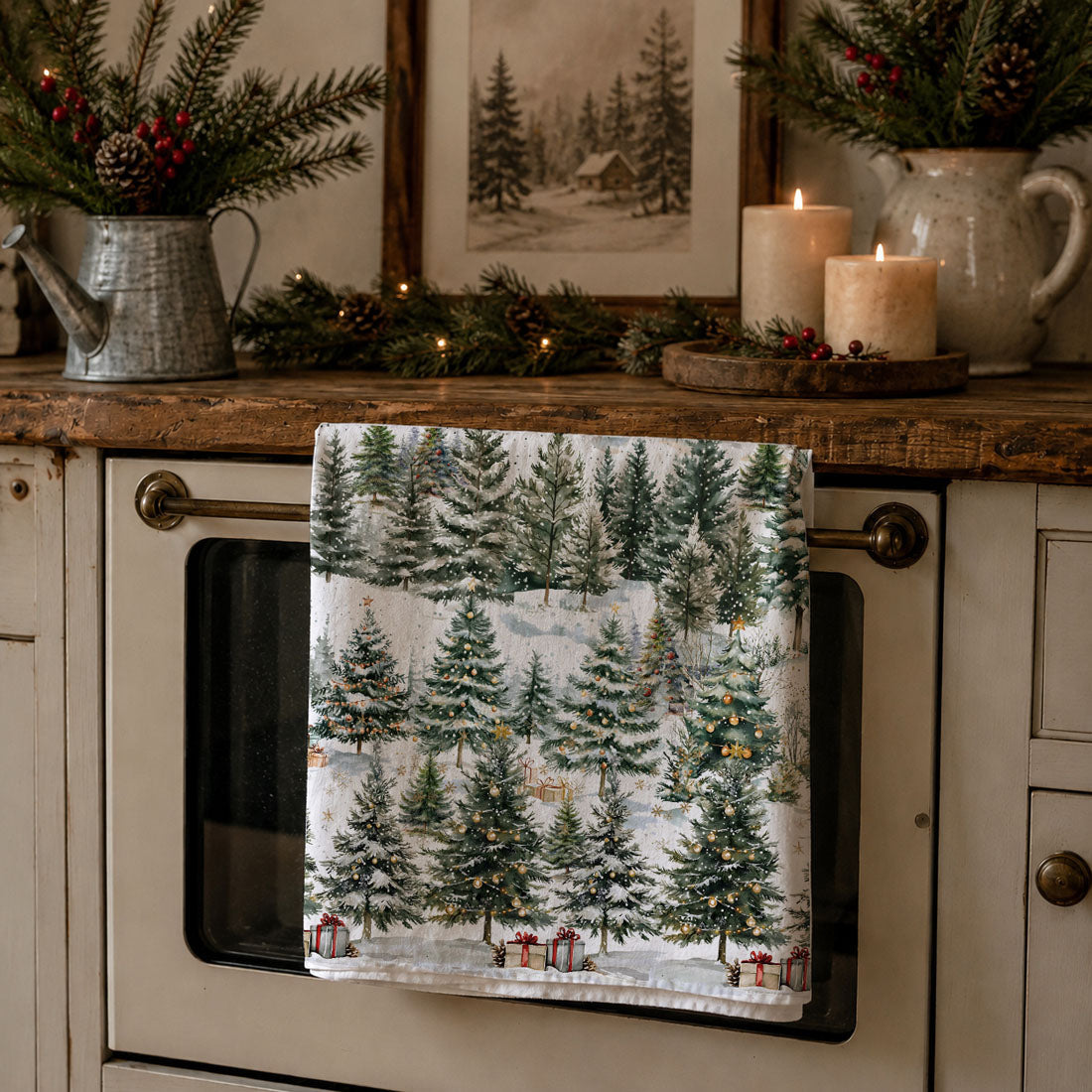 holiday kitchen towel styled neutral rustic kitchen
christmas towel displayed on cutting board winter trees
kitchen towel styled minimal holiday decor forest