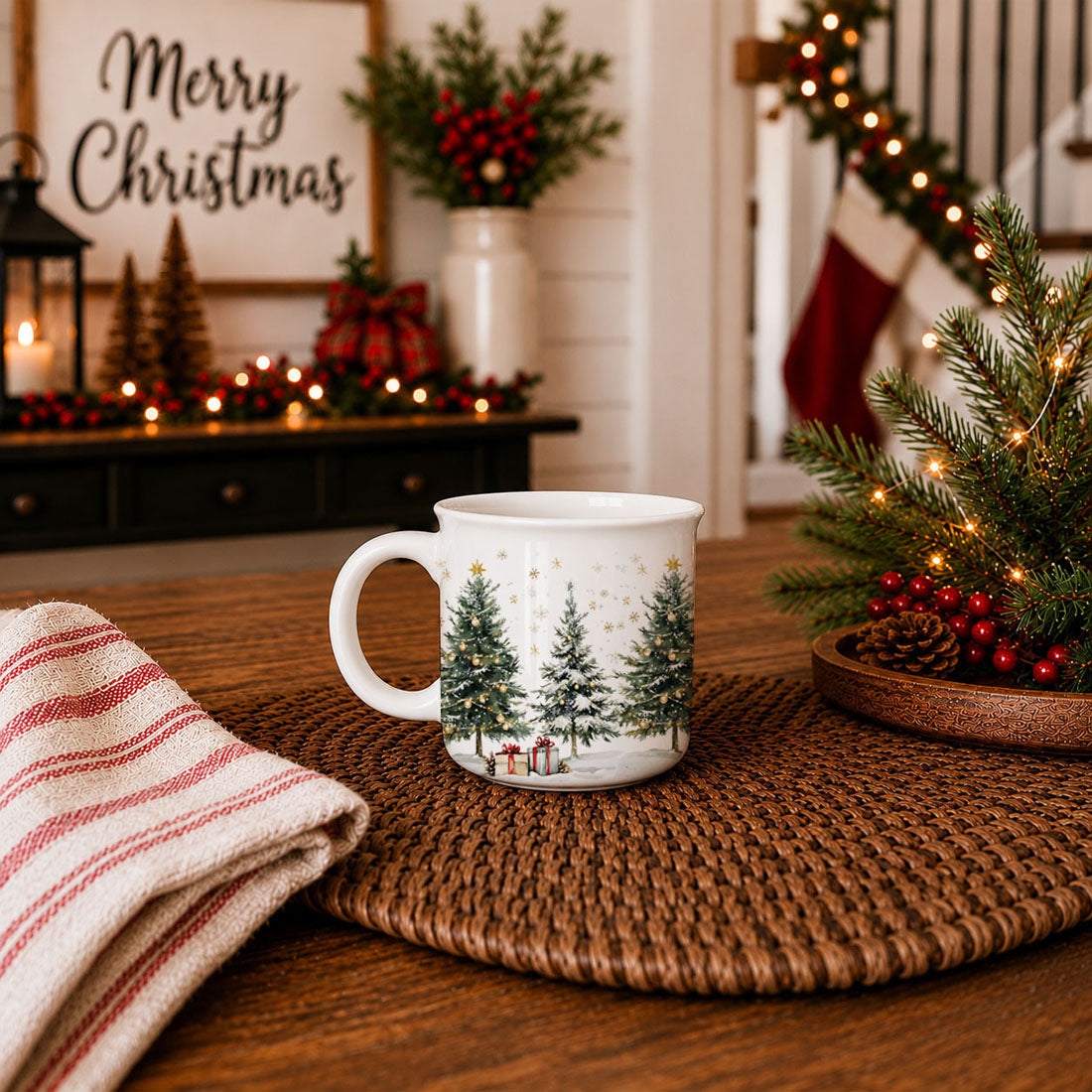 Winter wonderland mug for hot cocoa
Snowy holiday coffee mug
Christmas mug with snowy village feel
Holiday mug with trees and falling snow
Christmas mug with decorated evergreen trees
Ceramic holiday mug with winter Christmas scene
Christmas tree mug with gifts in the snow
Winter wonderland mug with presents and trees
Christmas mug with snow and twinkling trees
Holiday coffee cup with winter wonderland artwork
Christmas mug with star topped trees
Snowy evergreen Christmas mug
Winter landscape Christmas coff