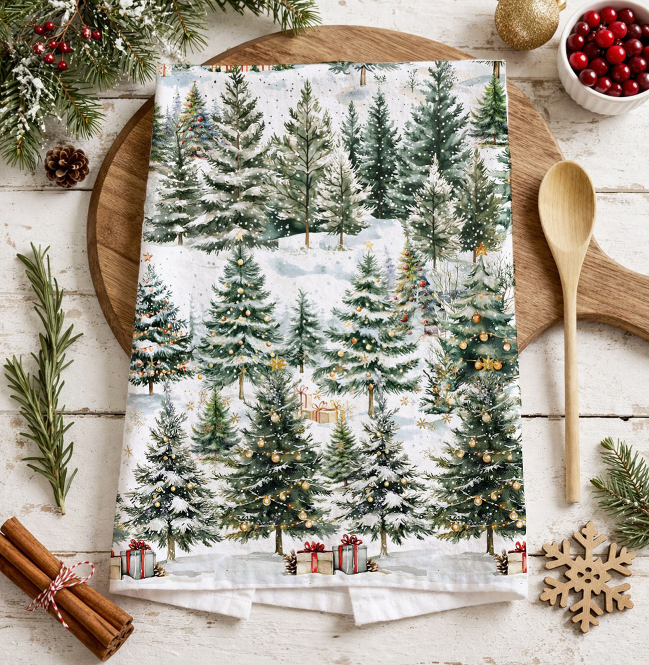 christmas pine tree landscape kitchen towel winter scene
snowy evergreen forest dish towel holiday scenery print
winter tree pattern kitchen towel christmas countryside
holiday forest illustration kitchen towel snowy trees
evergreen tree row christmas kitchen towel design
