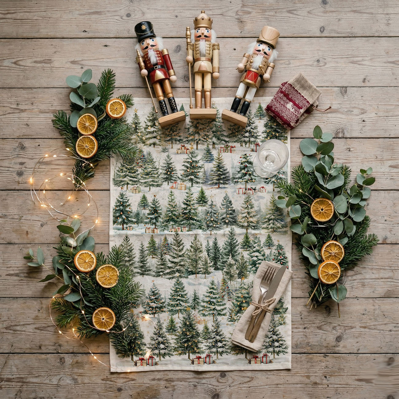 christmas kitchen towel flat lay wooden board forest design
holiday towel styled with wooden utensils winter decor
kitchen towel with snowy trees on rustic wood background
christmas towel styled farmhouse kitchen winter scene
holiday towel styled with greenery and wood decor