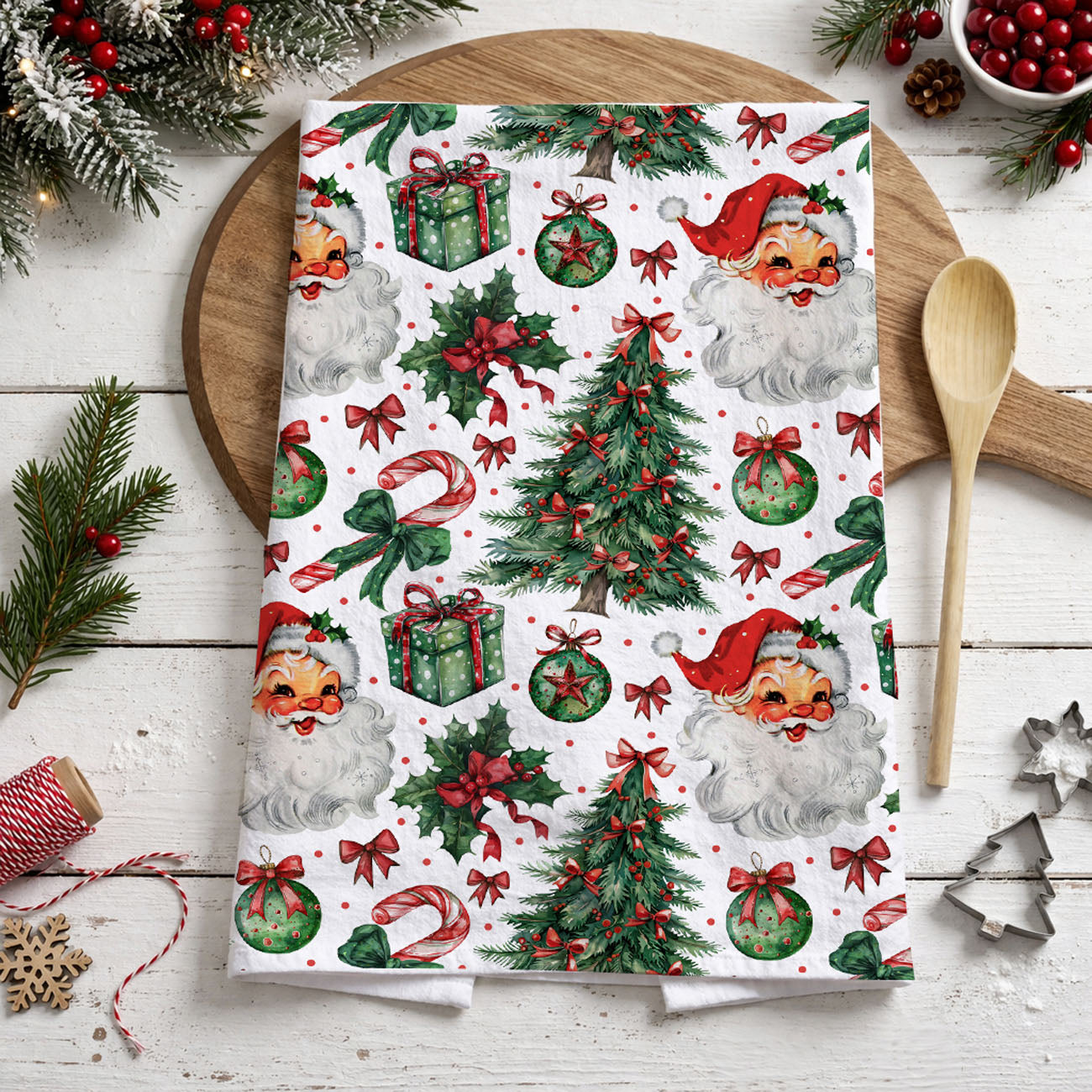 christmas towel with repeating santa and holiday icons pattern
festive kitchen towel full pattern christmas design red green
holiday dish towel all over santa tree ornament print
christmas kitchen towel detailed holiday illustration pattern
festive towel with repeating christmas elements kitchen decor