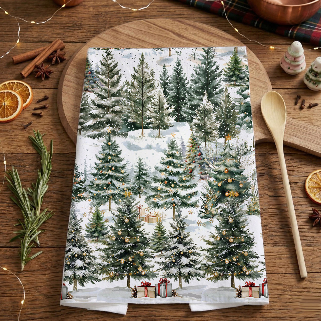 art print kitchen towel snowy forest scene
watercolor forest scene christmas kitchen towel
artistic christmas tree pattern kitchen towel
illustration style holiday kitchen towel winter forest
fine art christmas kitchen towel snowy trees
kitchen towel for drying dishes winter forest