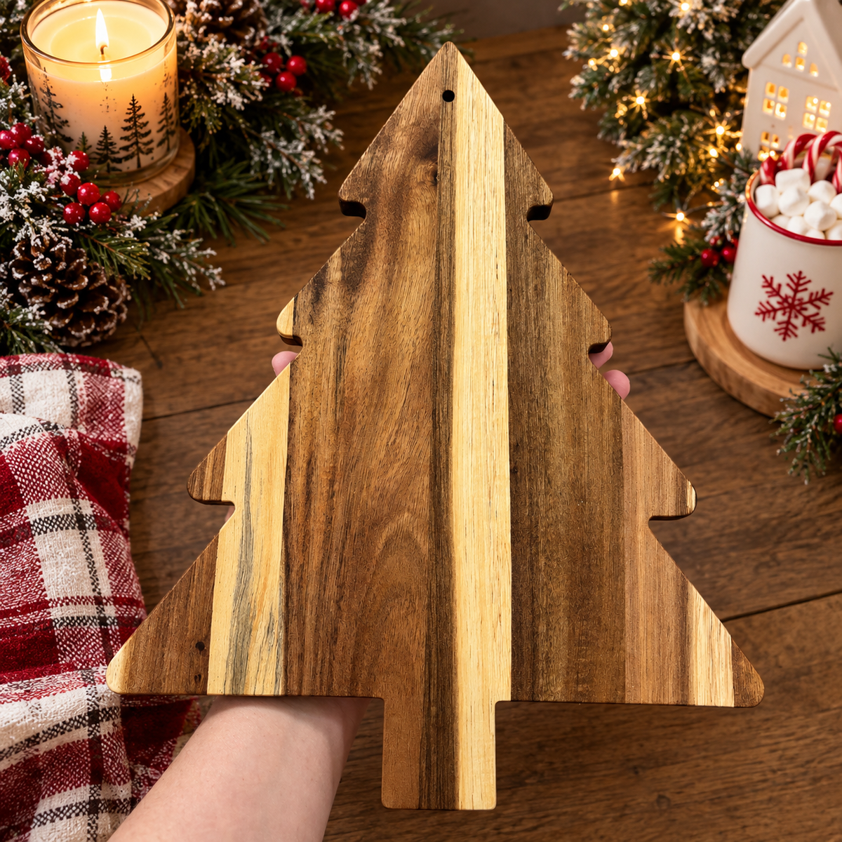 Christmas grazing platter for holiday parties
Christmas tree cutting board for kitchen
festive wooden serving board for Christmas
Christmas tree charcuterie board surrounded by holiday appetizers
wooden Christmas tree cutting board with cheese fruit crackers and cookies