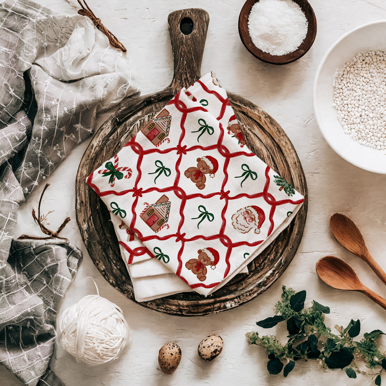 patterned christmas kitchen towel festive holiday icons
holiday print dish towel red green christmas theme
christmas towel with decorative bows candy canes and trees
festive holiday kitchen towel detailed christmas pattern
holiday kitchen towel with seasonal christmas illustrations