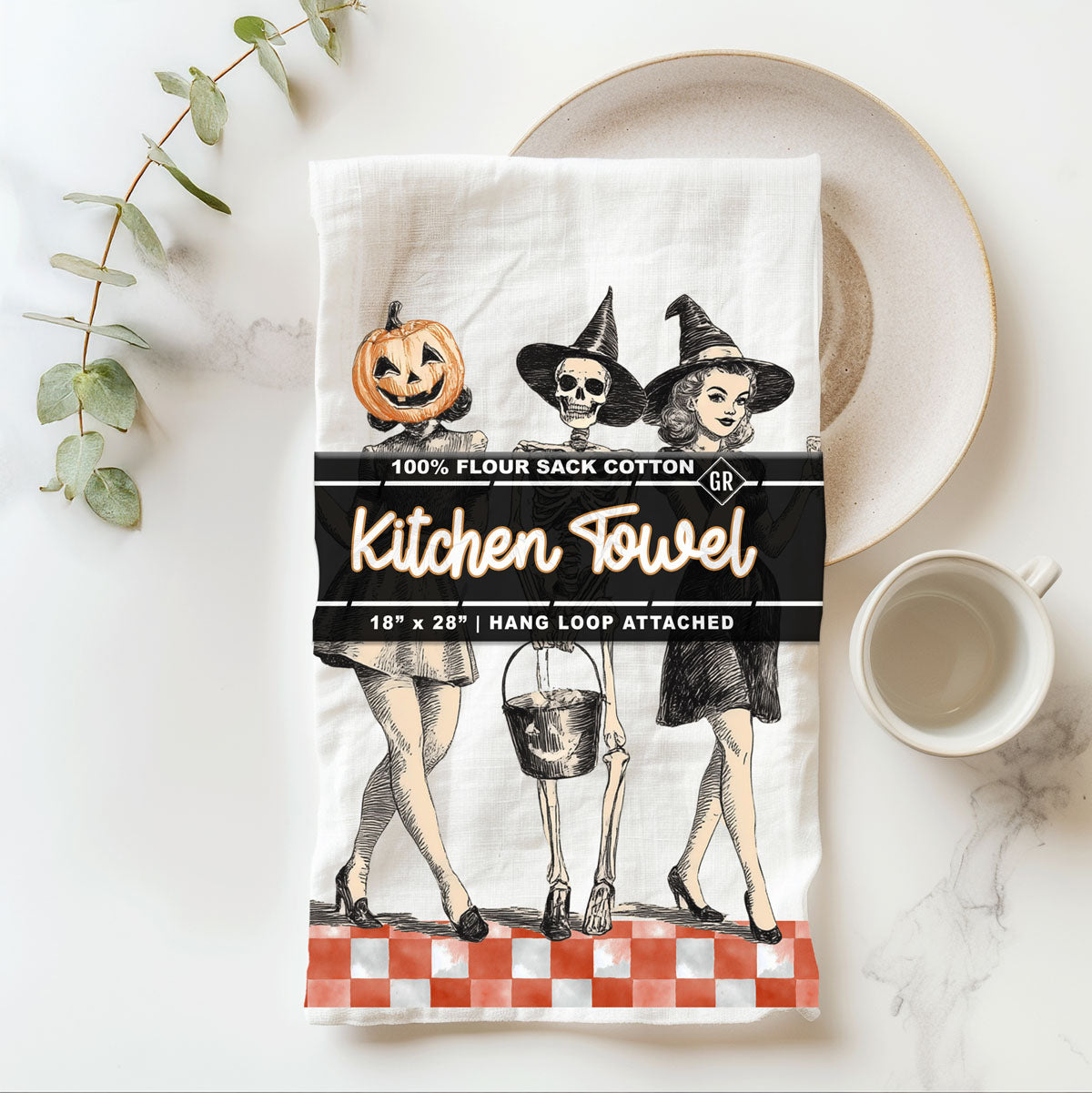 classic trick or treat towel with vintage skeleton artwork
vintage inspired halloween tea towel for orange gingham kitchen
retro halloween glam girls towel for nostalgic décor lovers